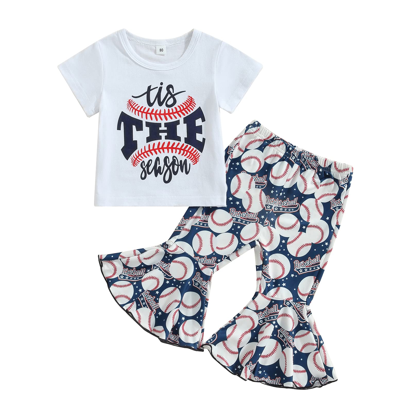 BULINGNA 2Pcs Toddler Baby Girl Summer Baseball Season Outfit Short Sleeve T-Shirt Tops with Baseball Flared Pants Set (White+Blue, 18-24 Months)