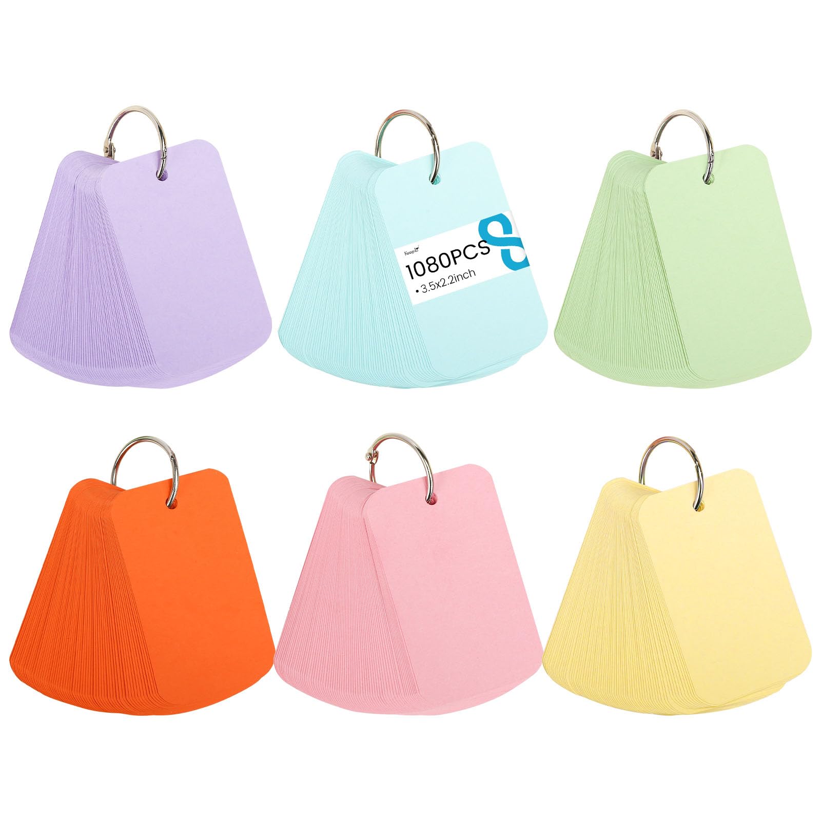 Koogel 1080PCS Index Cards with Rings for School, 2.2 x 3.5 Inch, Colored Flash Cards for Studying, Portable Notecard for Classroom Tests Preparation