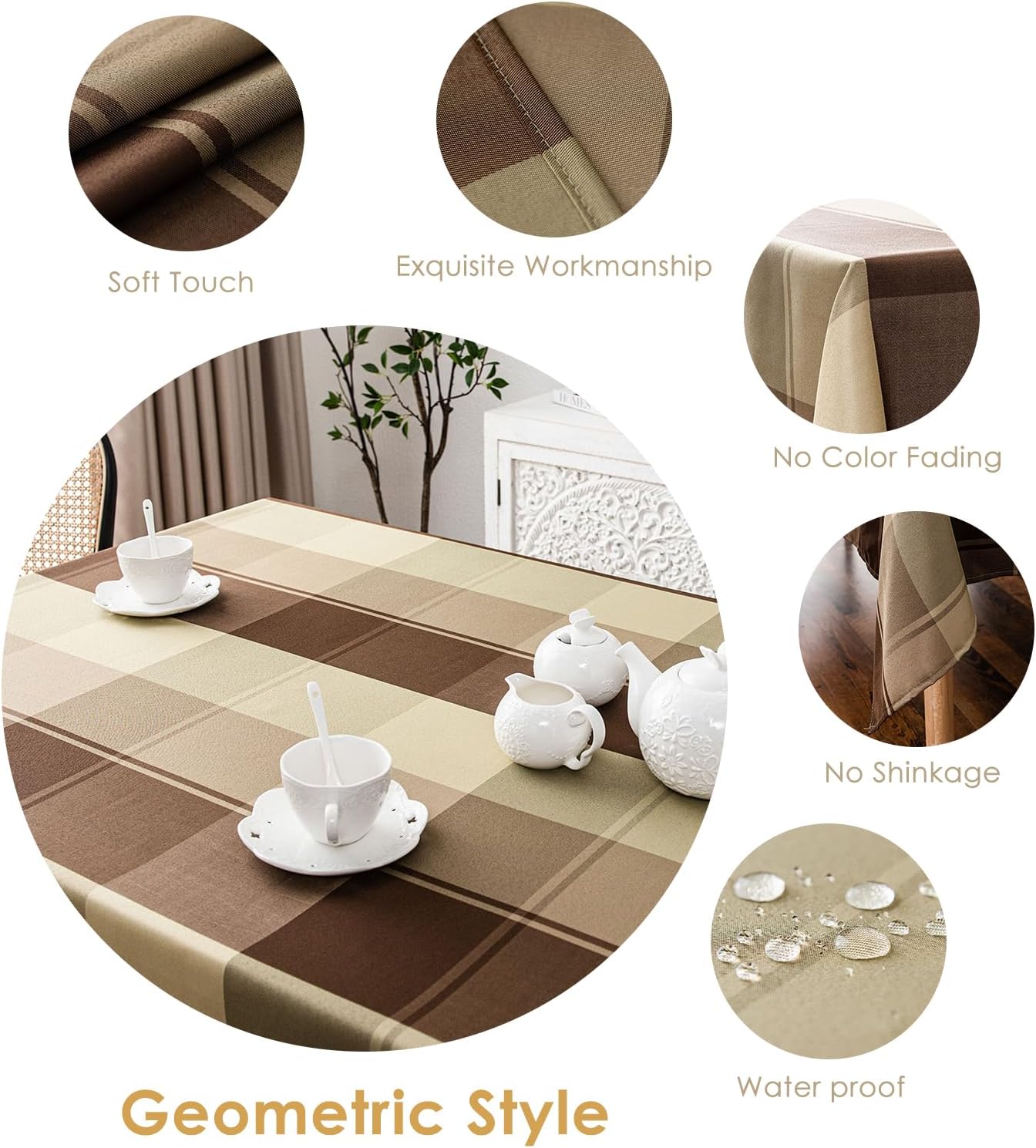 Melodieux Plaid Check Rectangle Tablecloth Holiday Outdoor Table Cover Checkered Waterproof Wrinkle Resistant Party Tabletop Decoration Kitchen Dining Room, 52" x 70", Taupe