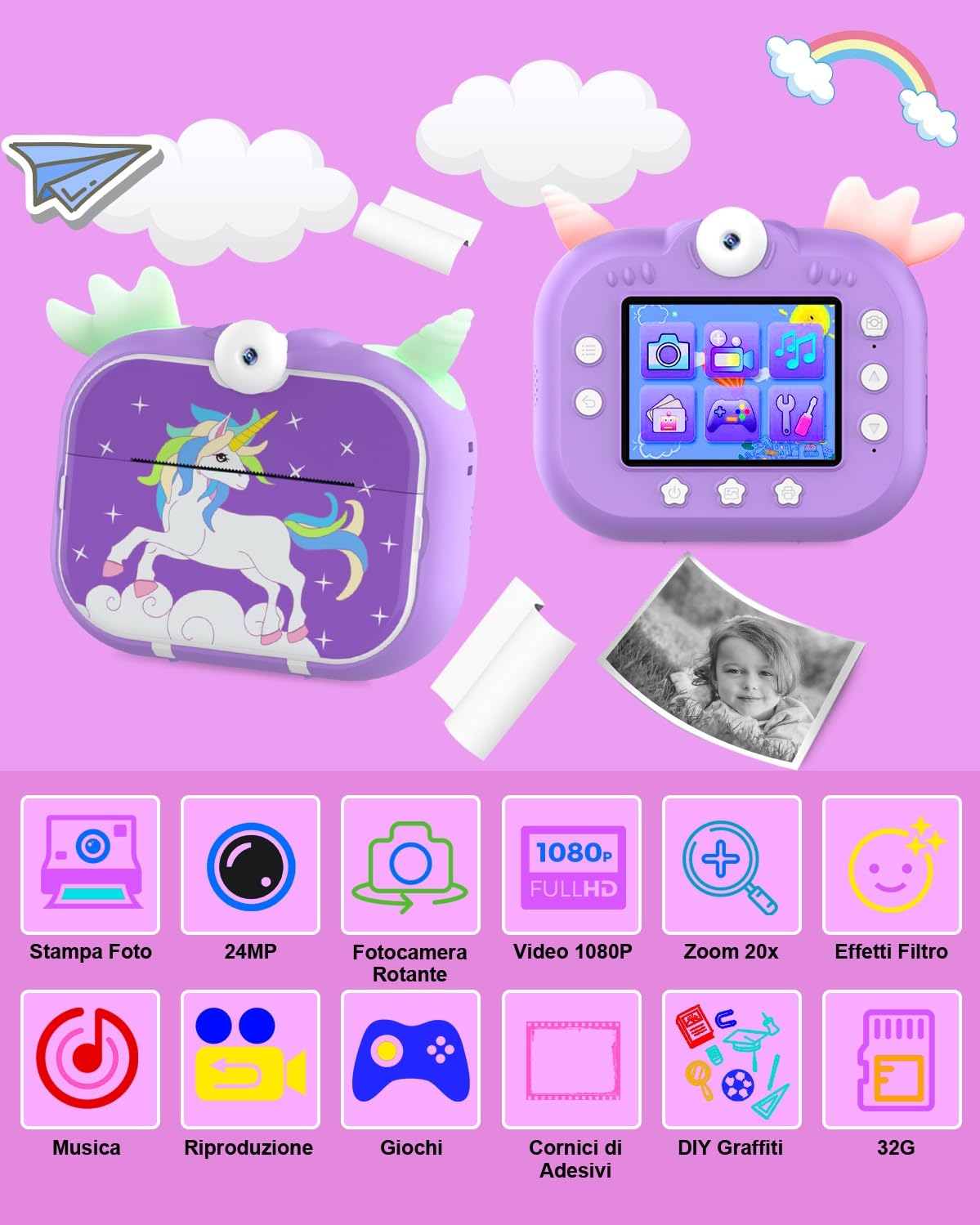 Robofun Macchina Fotografica Istantanea, 2,4 Pollici 1080P 48MP HD 180° Obiettivo Rotante Fotocamera Digitale con 32GB Scheda SD e Carta da Stampa, Regalo per Bambini dai 3-12 Anni - Viola
