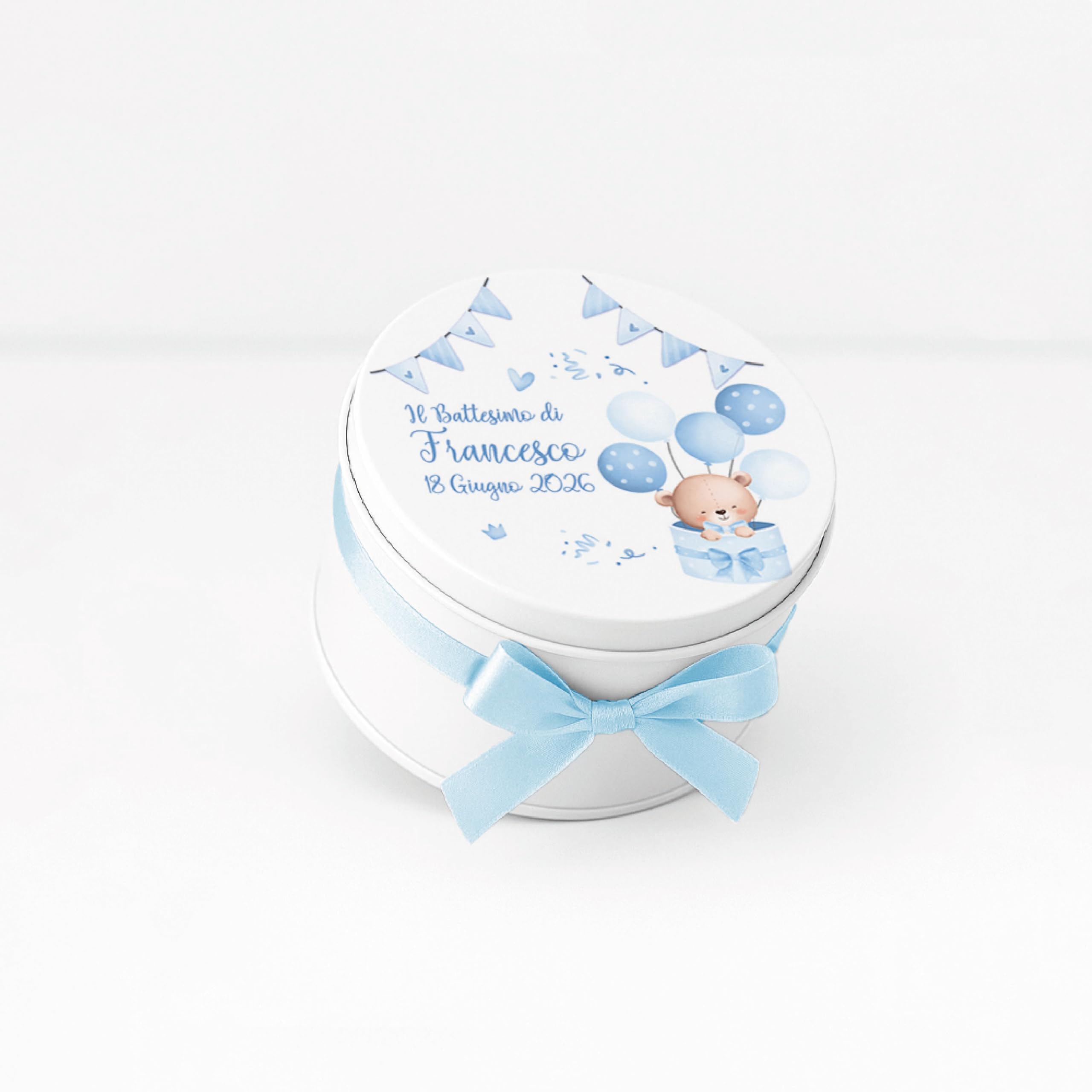 Generico Set 10Scatoline Portaconfetti Bomboniera, Latta con Tappo Personalizzato, Bomboniera Elegante, Scatola Regalo con Nastro Incluso, 7x7x4.5 cm, per Eventi (Orsetto Festa M)