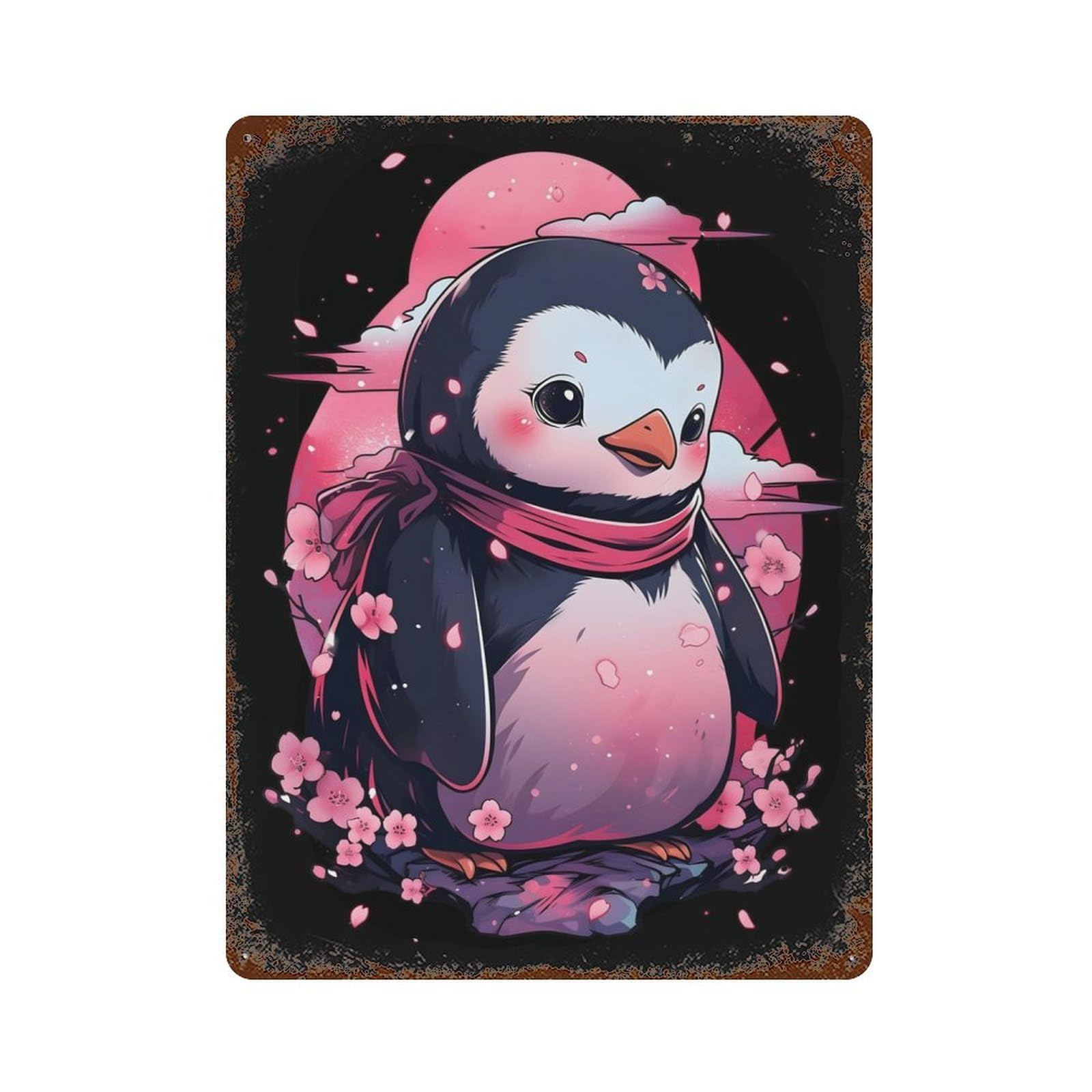 Penguin Cherry Blossom Vintage Wall Sign 15.7"x11.8", Rust Effect Metal Decor for Farmhouse, Kitchen And Entryway Decor