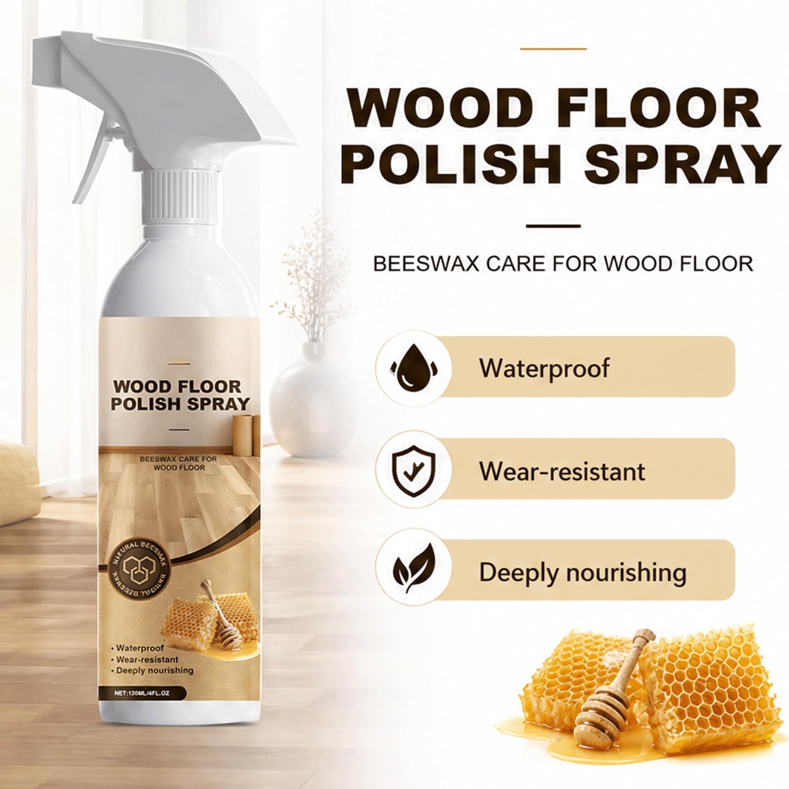 Limpiador de pulido restaurador de pisos de madera de cera de abejas natural-Secado rápido, sin pulido de lijado, restaura rápidamente el brillo natural, (5 piezas)