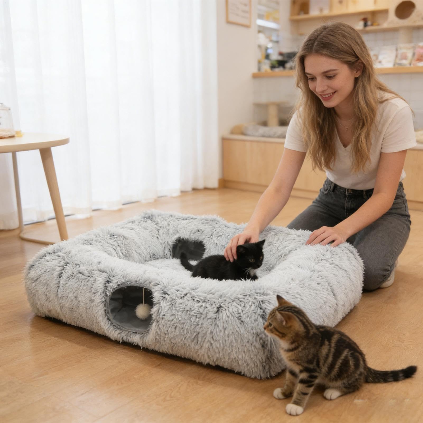 Generico Cuccia per Gatto con Tunnel 4 Modi di Tana per Animali Domestici | Tunnel giocattolo in peluche per Per balcone, appartamento, camera da , soggiorno, casa, stagionale