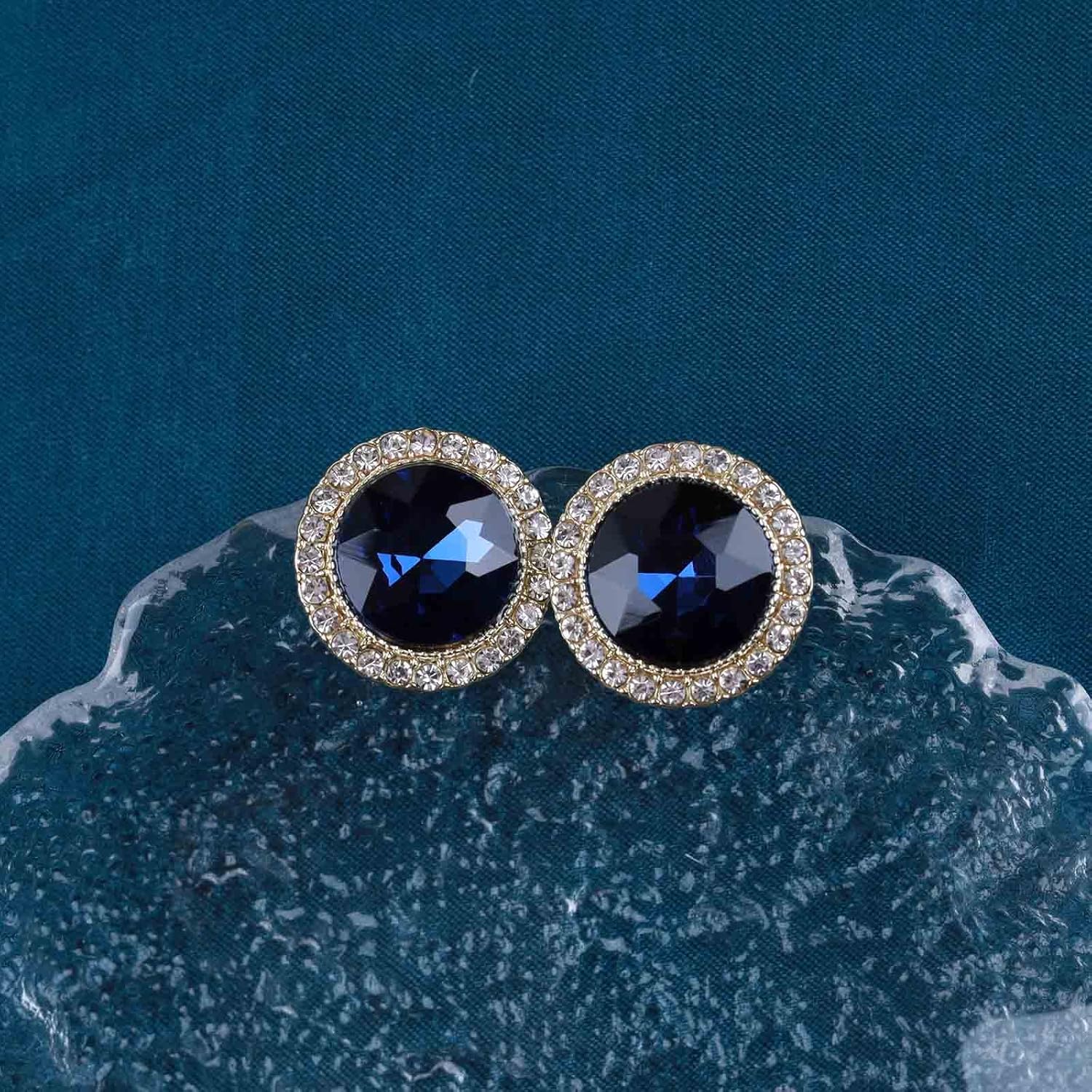 Vintage Sapphire Circle Earrings Gold Sapphire Stud Earrings Round Sapphire Earrings Geometric Blue Crystal Earrings Jewelry for Women (Blue) - Image 6