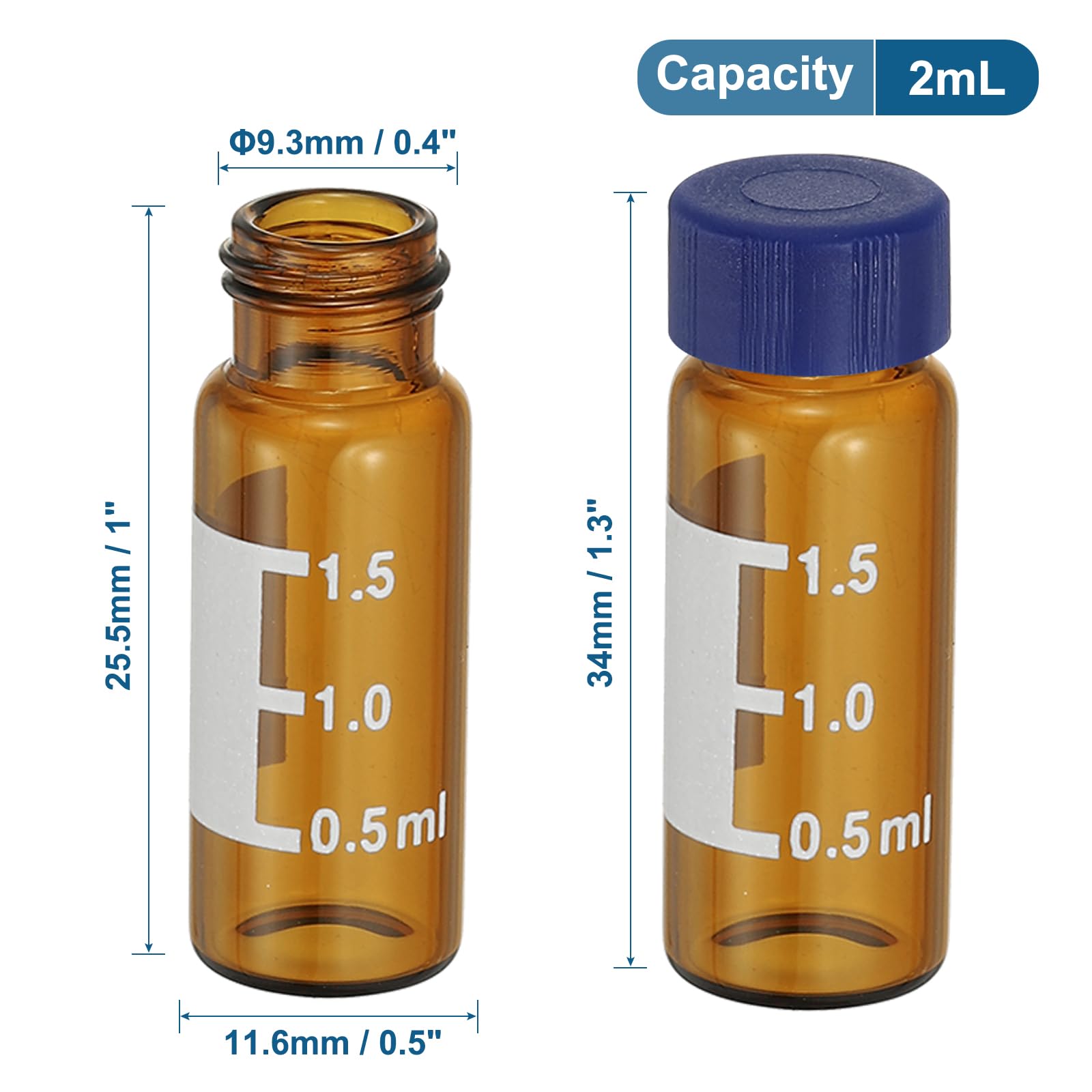 PATIKIL Fiala campionatore automatico da 2 ml, 200 fiale HPLC/GC 9-425 fiale da laboratorio ambrate per campioni di fiale con tappo a vite solido patch di scrittura PTFE e silicone Septa con etichette