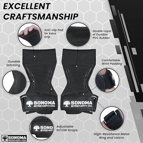 Miniatura 3 de Sonoma Strength Co. Agarres de levantamiento de pesas con muñequeras para dominadas, peso muerto WOD, empuñaduras de elevación de goma para hombres