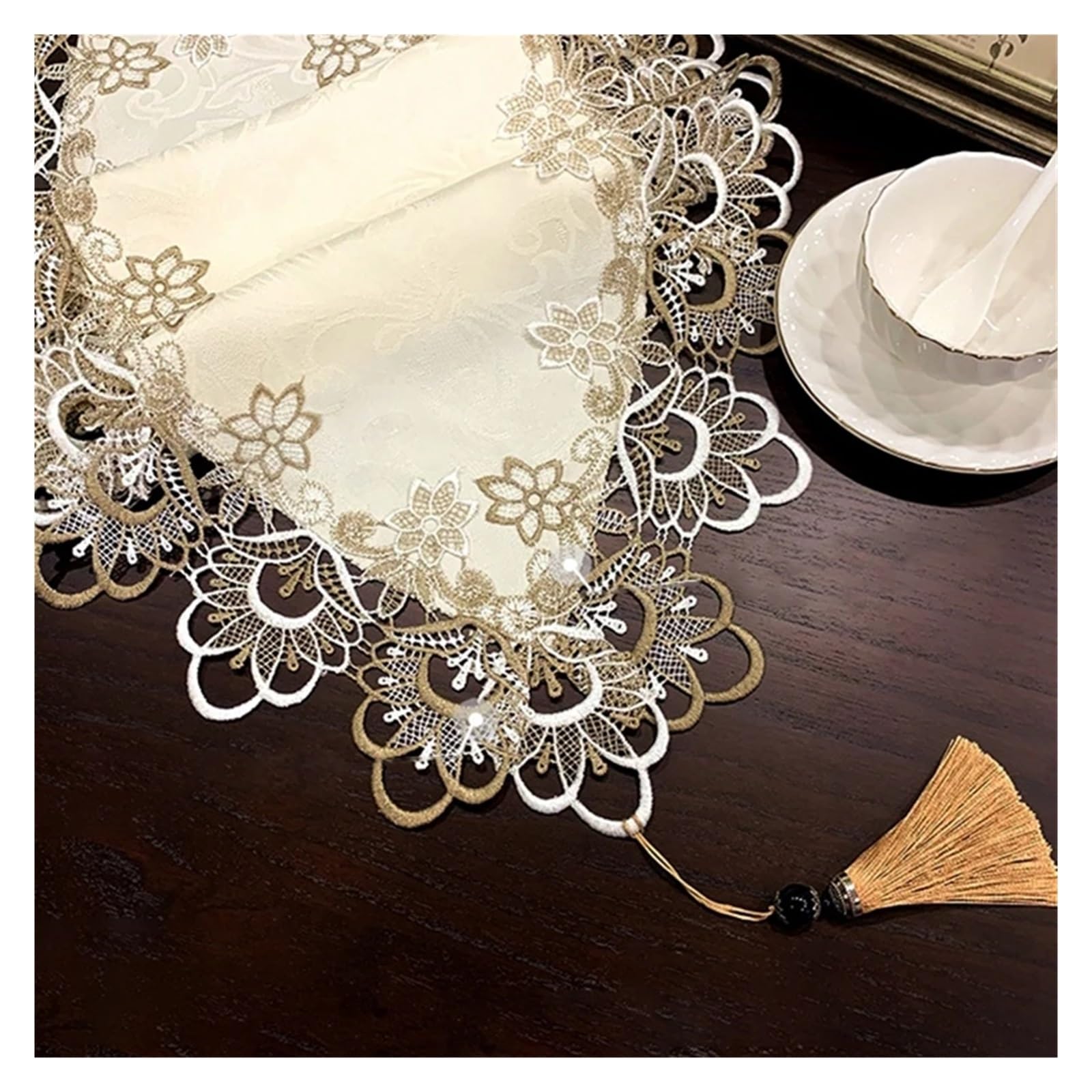 Runner da tavola in pizzo, Runner da tavola in pizzo ricamato con nappe floreali Decorazione natalizia(S4 Lace Table Runner,40x200cm)