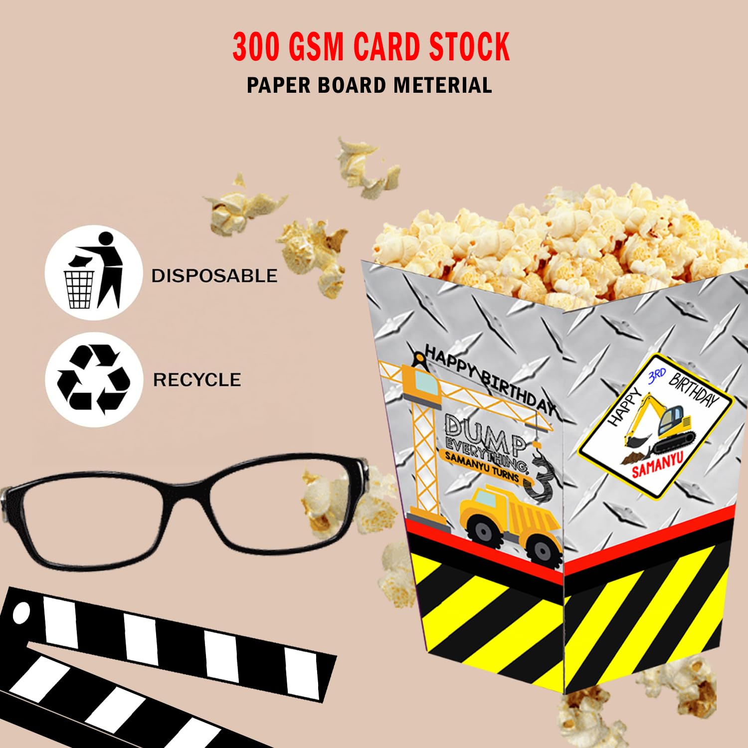 WoW Party Studio Personalized Construction Vehicles JCB Theme Popcorn Holder/Cups, Sleeves, Material - 300 GSM thick Cardstock Paper, with Birthday Boy/Girl Name Printed - 10 Pcs 3