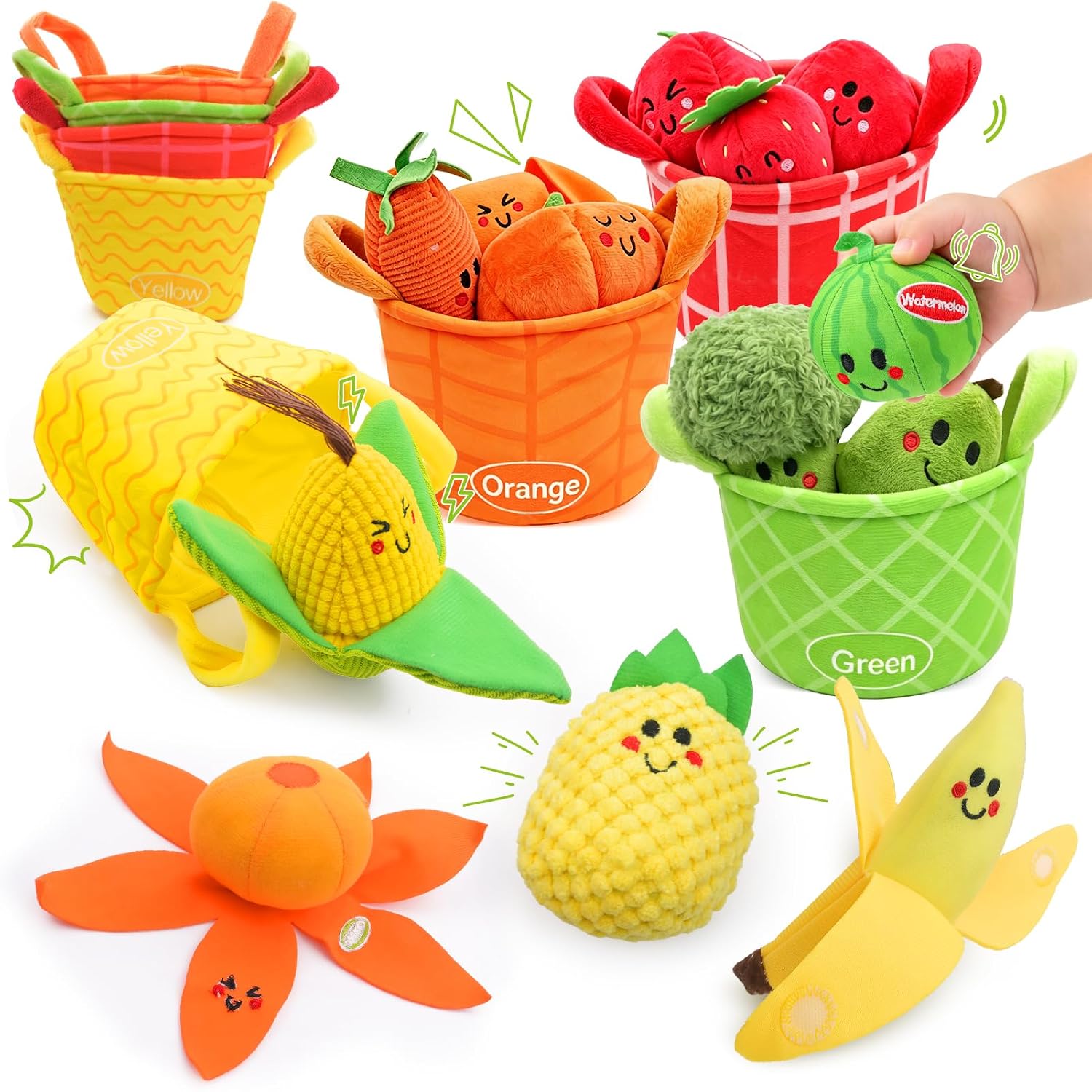 Love&Mini Baby Sensory Toys - 16PCS Fruit & Vegetable Play Food | Color Sorting Toy Food, Montessori Toys for 1 Year Old Boy Girl Gifts , Crinkle & Rattle, Learning Baby Toys for 6-12 Months