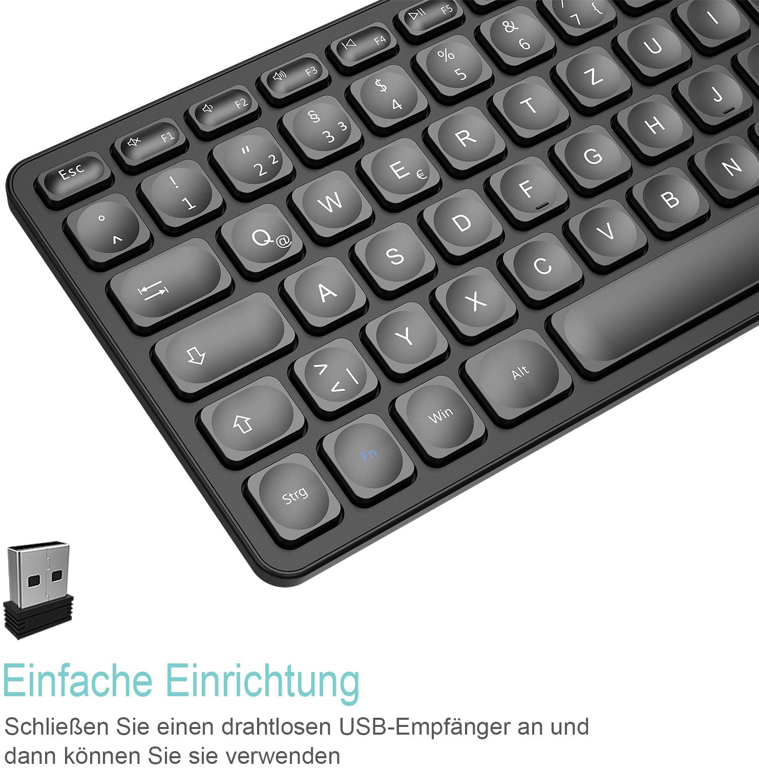 Arteck Kabellose Tastatur, Deutsches QWERTZ Layout wiederaufladbare USB Anschluss 2,4 GHz Kabellos Tastatur mit Multimedia-Tasten, Kompatibel mit PC, Computer, Notebook, Laptop, Windows 11, 10, 8