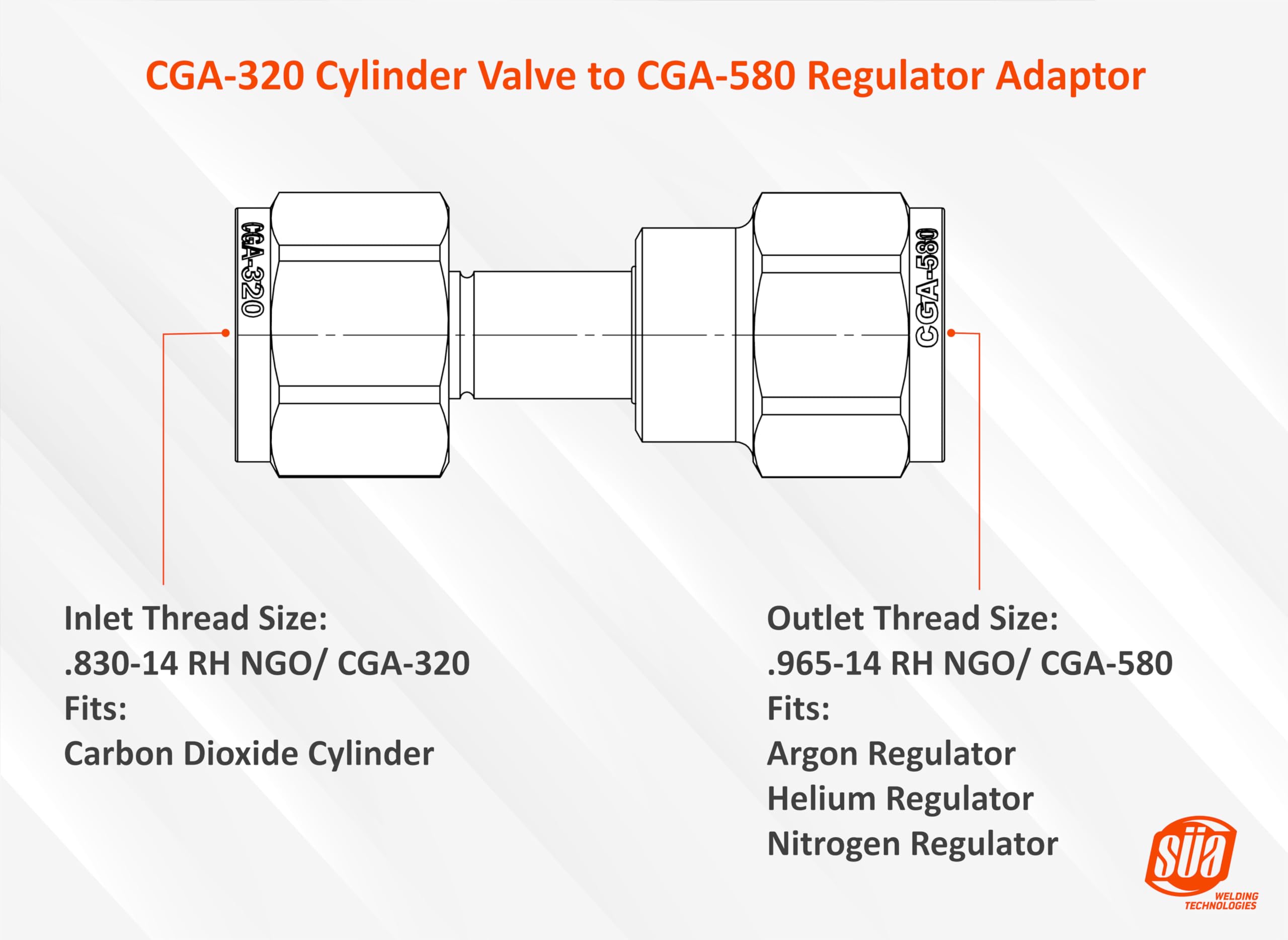 SÜA® - Carbon Dioxide CO2 Cylinder (CGA-320) to Argon Regulator/Flowmeter (CGA-580) - Adaptor