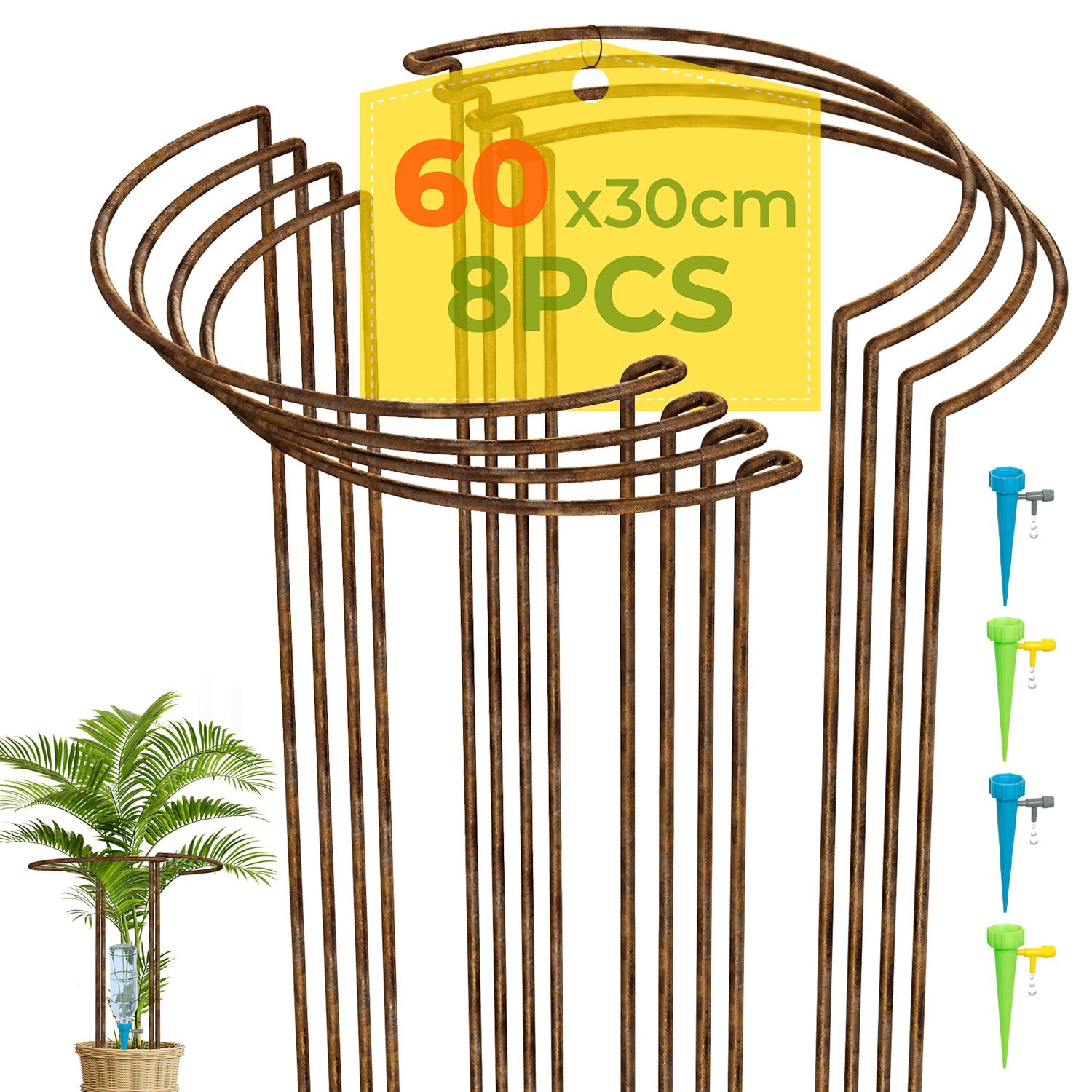 LyTaispuly 8 Stück 60 cm hohe Pflanzenstützpfähle, Starkes Metall, halbrund, Gartenstützen, Rostschleife, Ringkäfig mit 4 selbstbewässernden Spikes für Pfingstrose, Monstera (60 cm/8 Stück)