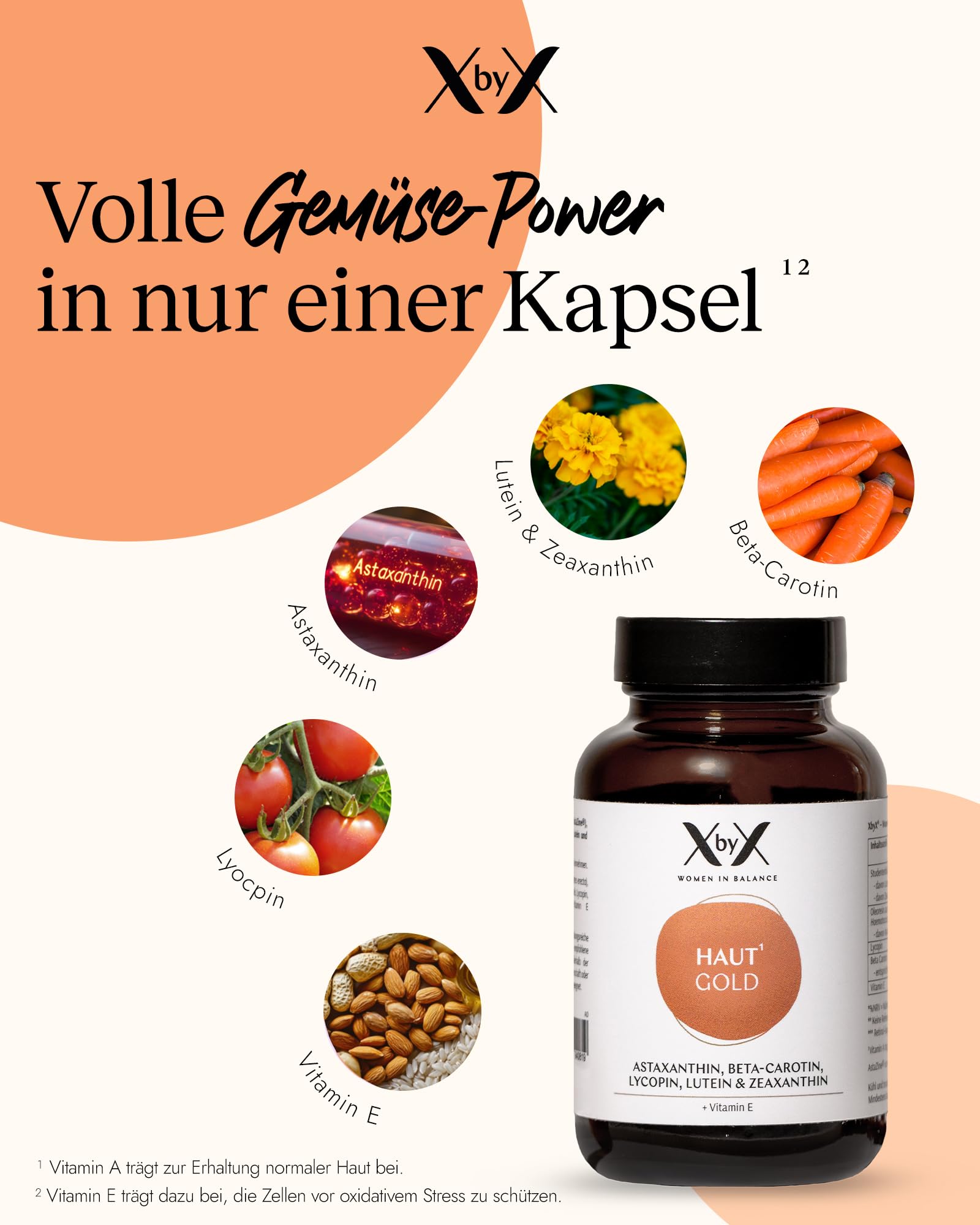 XbyX Haut Gold 60 Kapseln - Carotinoid-Komplex mit Astaxanthin & Vitamin E – Unterstützt die Haut von Innen - Ohne Zusätze - 100 % Pflanzlich - Vegan
