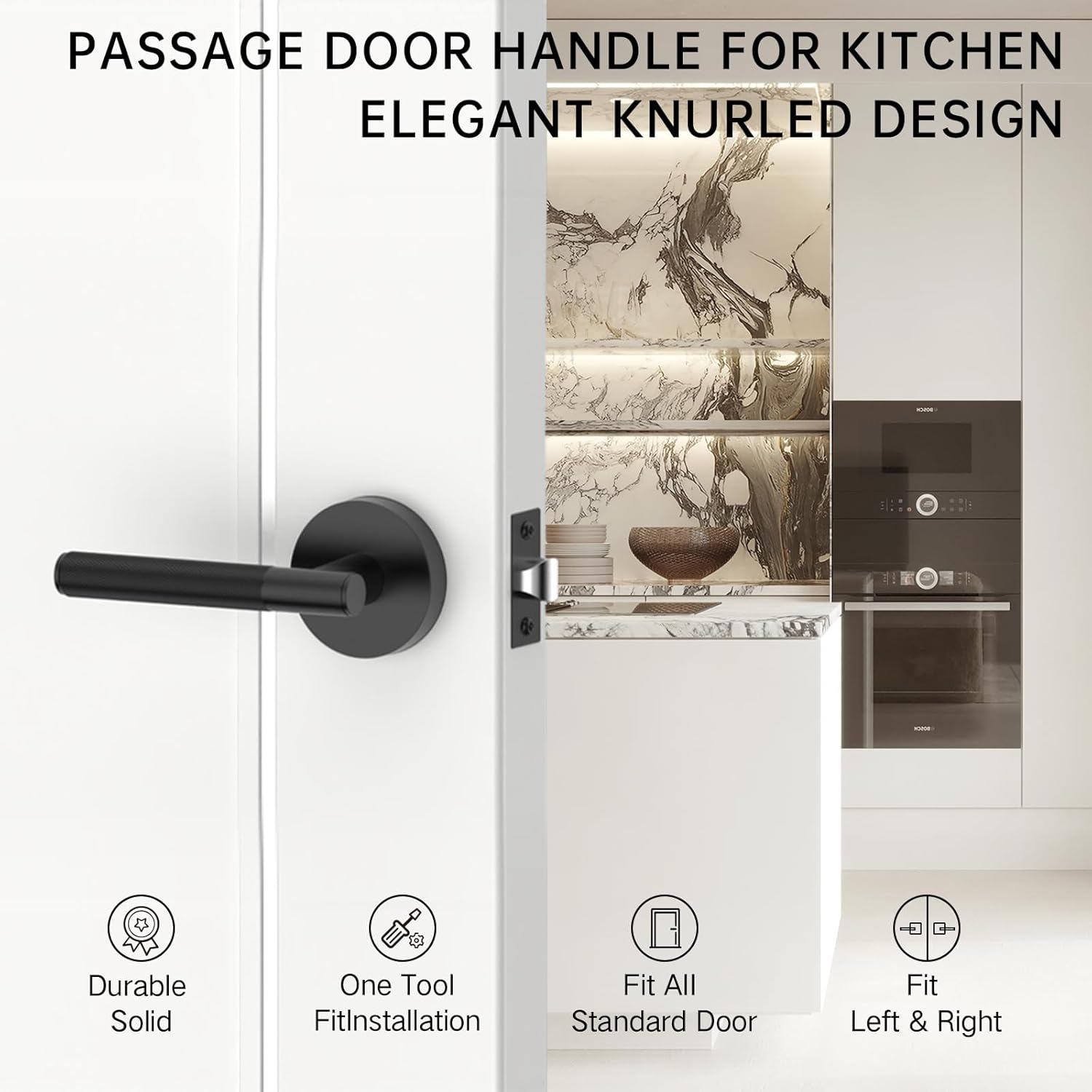 FILTA 6 Pack Black Door Handles Interior Passage Round Door Handle Knobs Knurled Heavy Duty Keyless Door Lever Lock for Bedroom and Bathroom