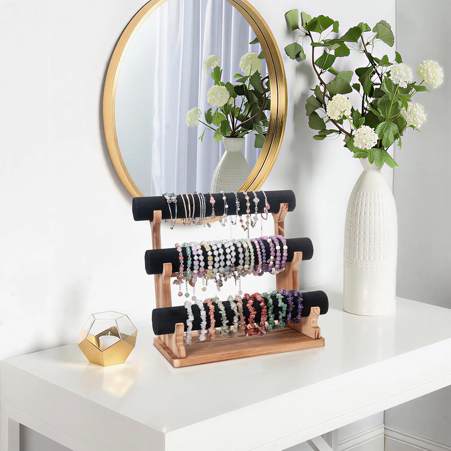 Velvet Bracelet Holder, 3 Tier Bracelet Organizer Display Holder for Women, Wooden Watch Holder Stand for Vendor Home, Bangles Display Stand for Scrunchies Bangles Storage Showcase, Black - Image 6