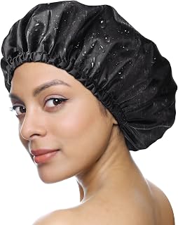 YANIBEST Shower Cap for Women - Hair Satin Bonnet Shower Cap for Men Waterproof Extra Large Double Layer Reusable Adjustable for Braids Long Hair (Large,Black)