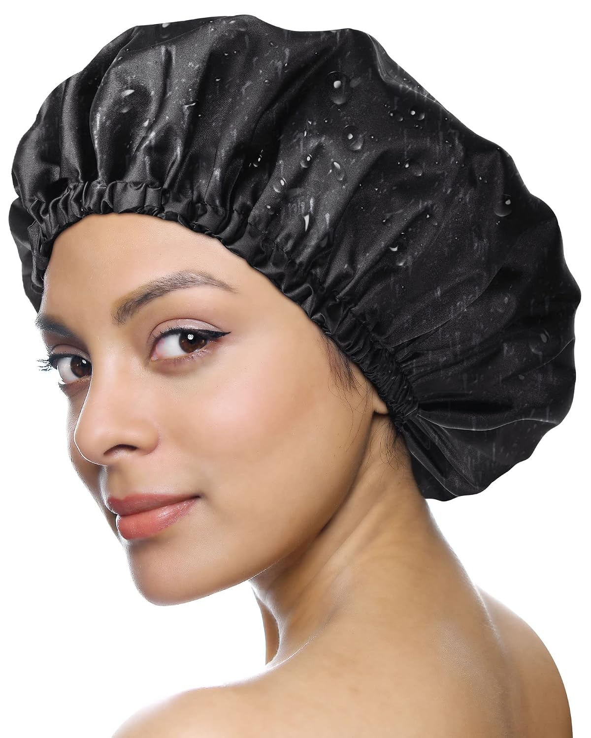 YANIBEST Shower Cap for Women - Hair Satin Bonnet Shower Cap for Men Waterproof Extra Large Double Layer Reusable Adjustable for Braids Long Hair (Large,Black)