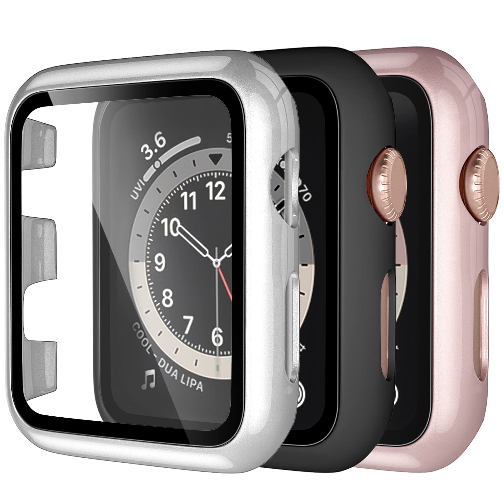 Dirrelo 3 Pack PC Case Compatible with Apple Watch 38mm Series 3/2/1 Tempered Glass Screen Protector, Full Cover All-Around HD Protective Bumper Case for iwatch 3/2/1, Silver/Rose gold/Black