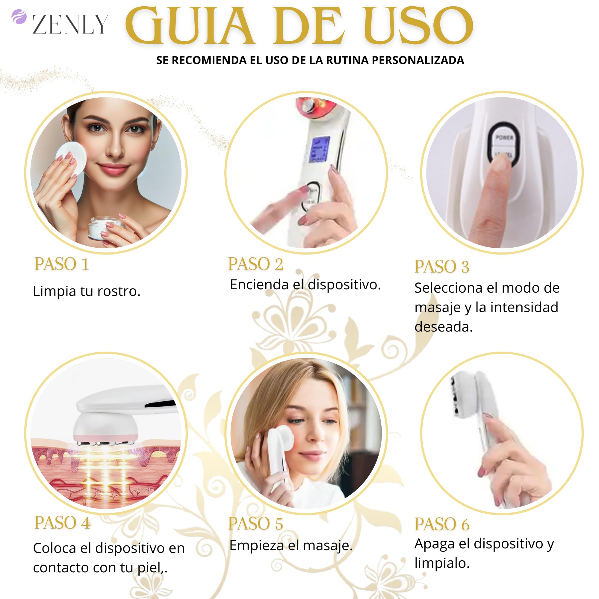 ZENLY Masajeador Radiofrecuencia Facial Multifuncional Profesional 6 en 1 - Tratamiento Antiarrugas, Lifting, Limpieza Profunda con Tecnología EMS y Luz LED para Piel Radiante, Rejuvenece y Tonifica