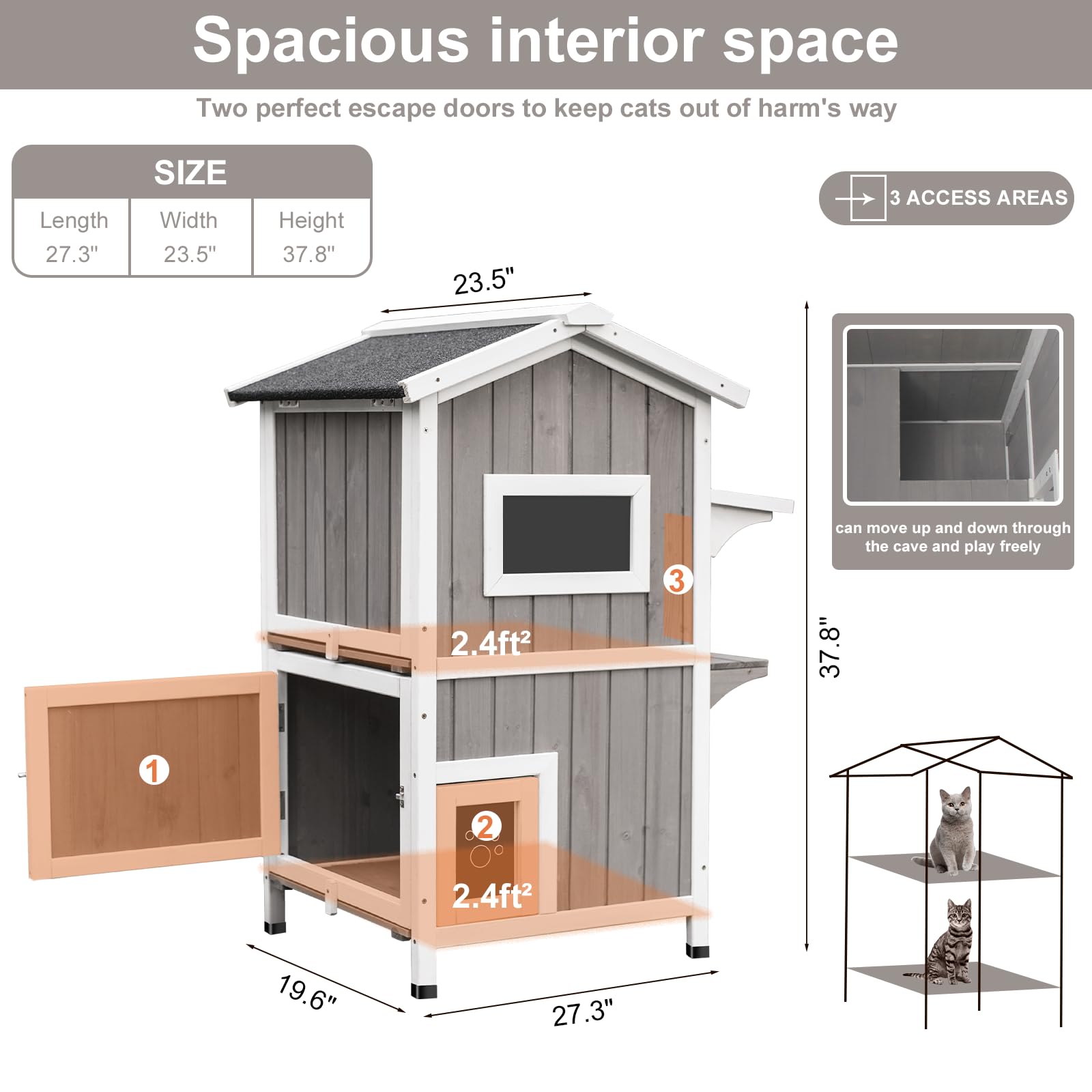 Gowoodhut Outdoor Cat House for Feral Cats 2 Story Cat Shelter Outdoor Weatherproof Wooden Cat Codons House for Cats Kitten Candos with 3 Escape Doors, Waterproof Roof
