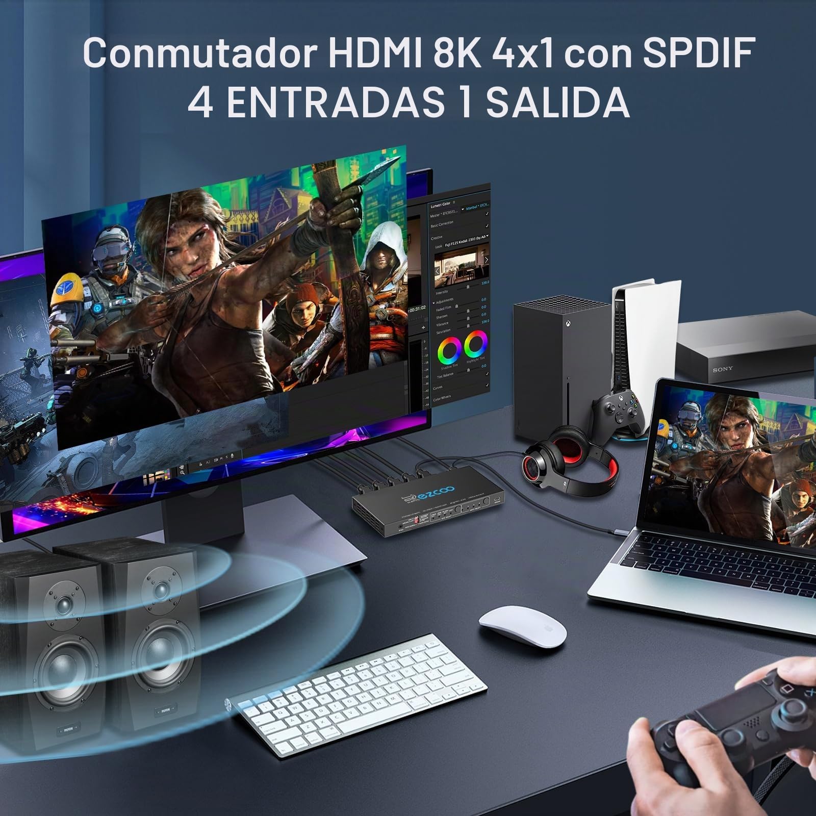 Interruptor HDMI 2.1 eARC 4K 120Hz 4x1 Extractor de audio VRR ALLM HDCP2.3 ARC HDR10 Óptica SPDIF y salida de audio de 3,5 mm Switch HDMI 4 en 1 OUT Mando a distancia IR Dolby Digital EDID para PS5