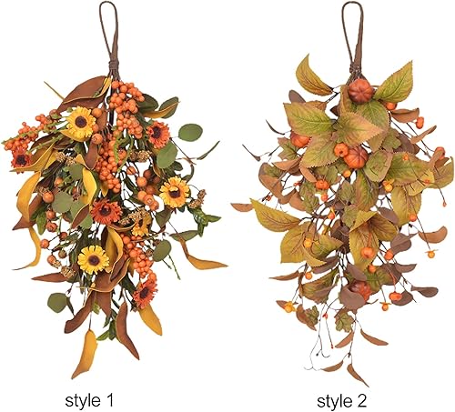 Miniatura 7 de Asodomo 2 guirnaldas artificiales de otoño de 20 pulgadas, girasoles de otoño, calabazas, hojas, bayas, guirnalda colgante de flores para otoño,
