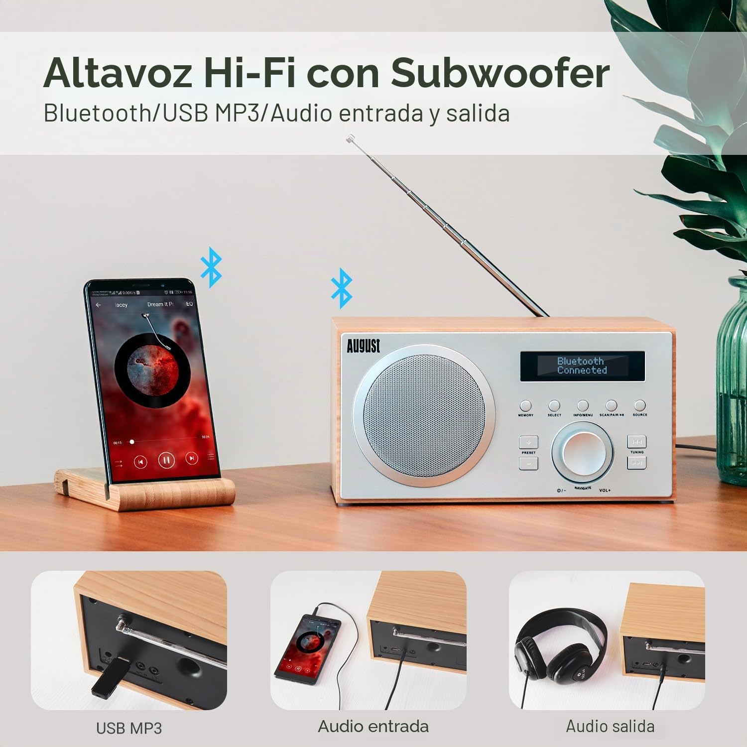 August MB420 Radio Digital FM Dab Plus USB Bluetooth de Madera, Transistor Altavoz Hi-Fi Reproductor MP3 Jack 3,5mm con Subwoofer Reloj Despertador con Enchufe - Estilo escandinavo