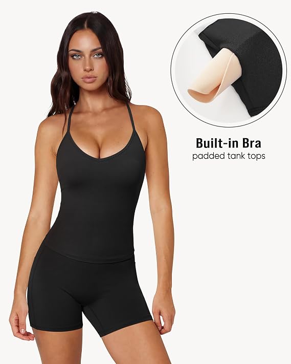 OMKAGI Racerback Workout Tops for Women Built in Bra Cute Open Back V Neck Longline Sports Bra Top