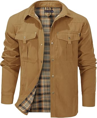 Flygo Mens Flannel Lined Shirt Jacket Snap Button Western Cowboy Jacket