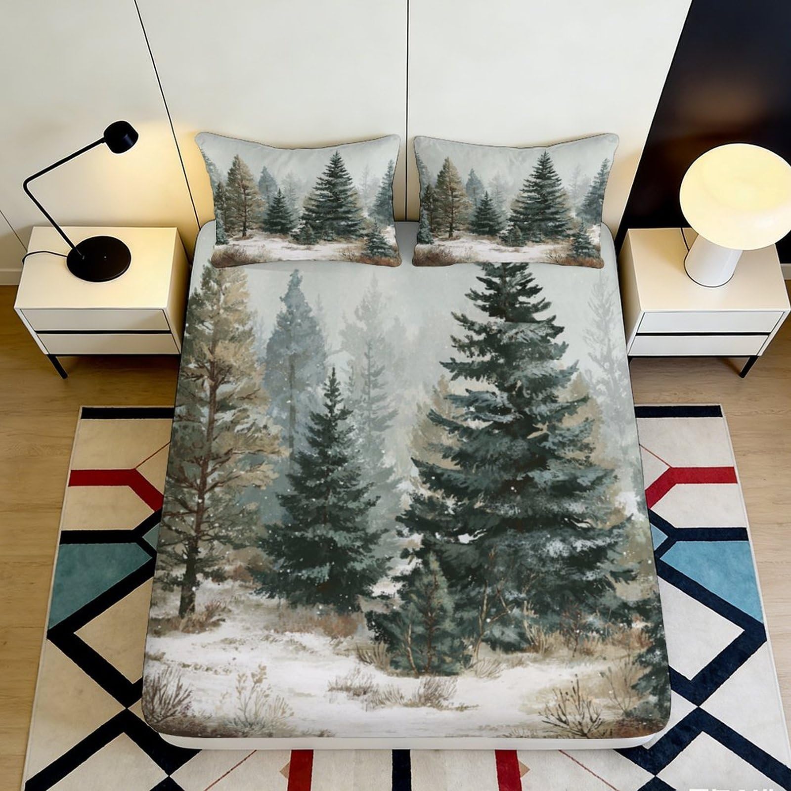 Jqzkxnhpbr Style-5 3D Printed Winter Pine Forest Fitted Sheet Microfiber Soft Non-Slip Christmas Snow Mattress Cover Bedroom Decor 90X200x25cm