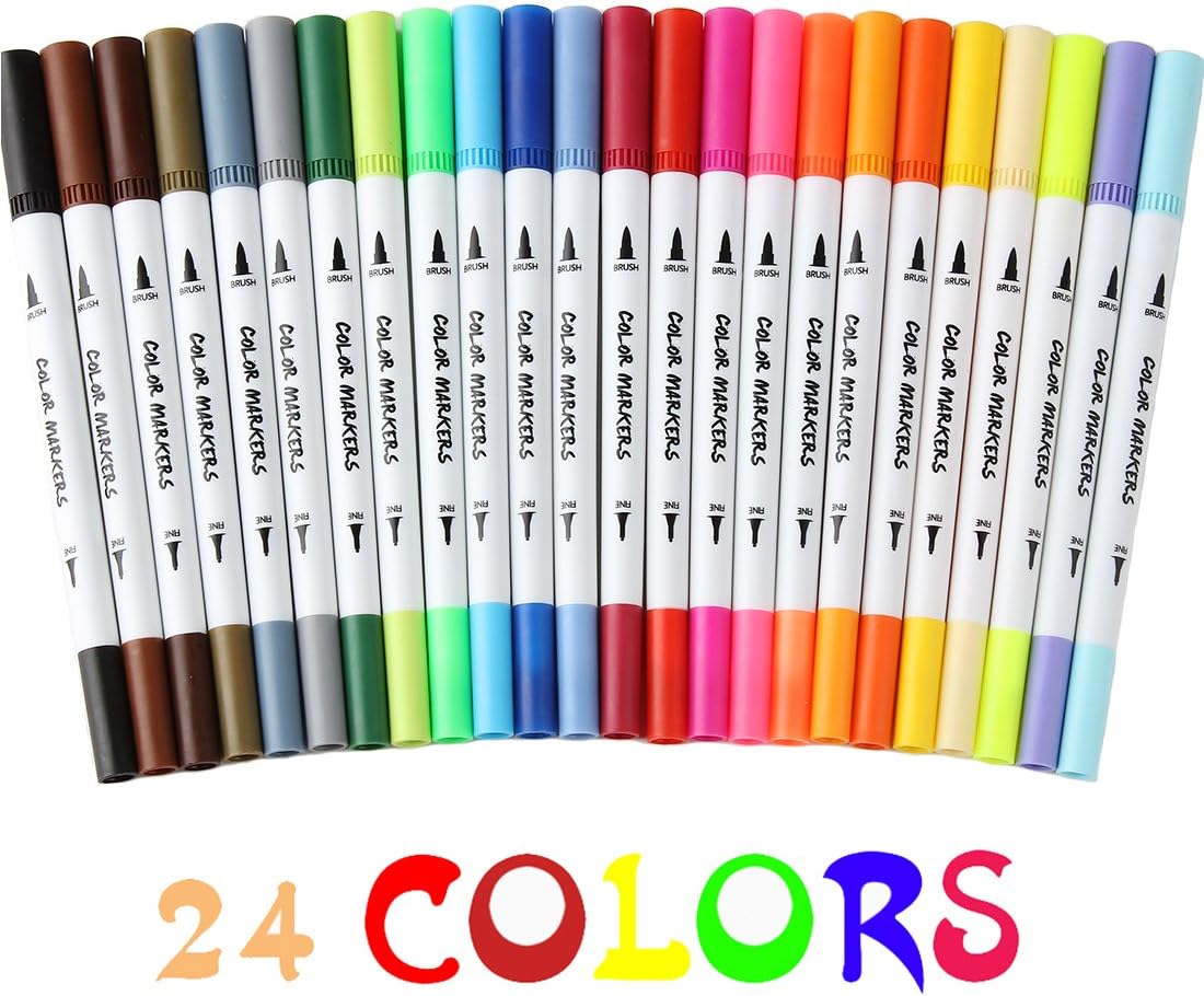 24 Dual Tip Brush Pens Markers, Fineliner Tip 0.4 mm & Watercolor Brush Tip Colored Pens Set for Coloring Books, Sketching, Bullet Journal, Art (24 color)