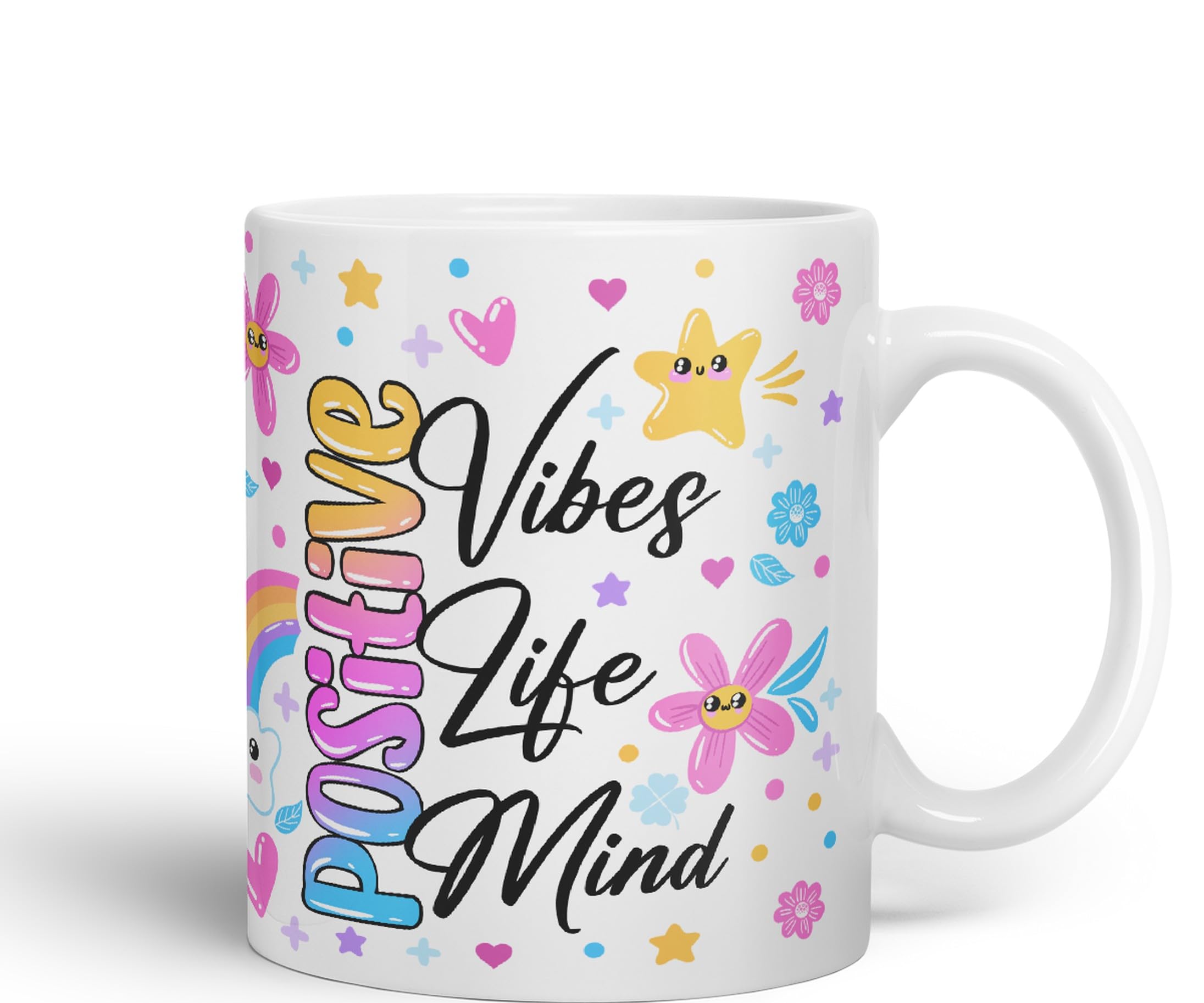 Positive Vibes Life Mind Presents Coloured Ceramic Mug Cup Gift 330ml 11oz Work Office Tea Coffee Gift (White) - Image 2