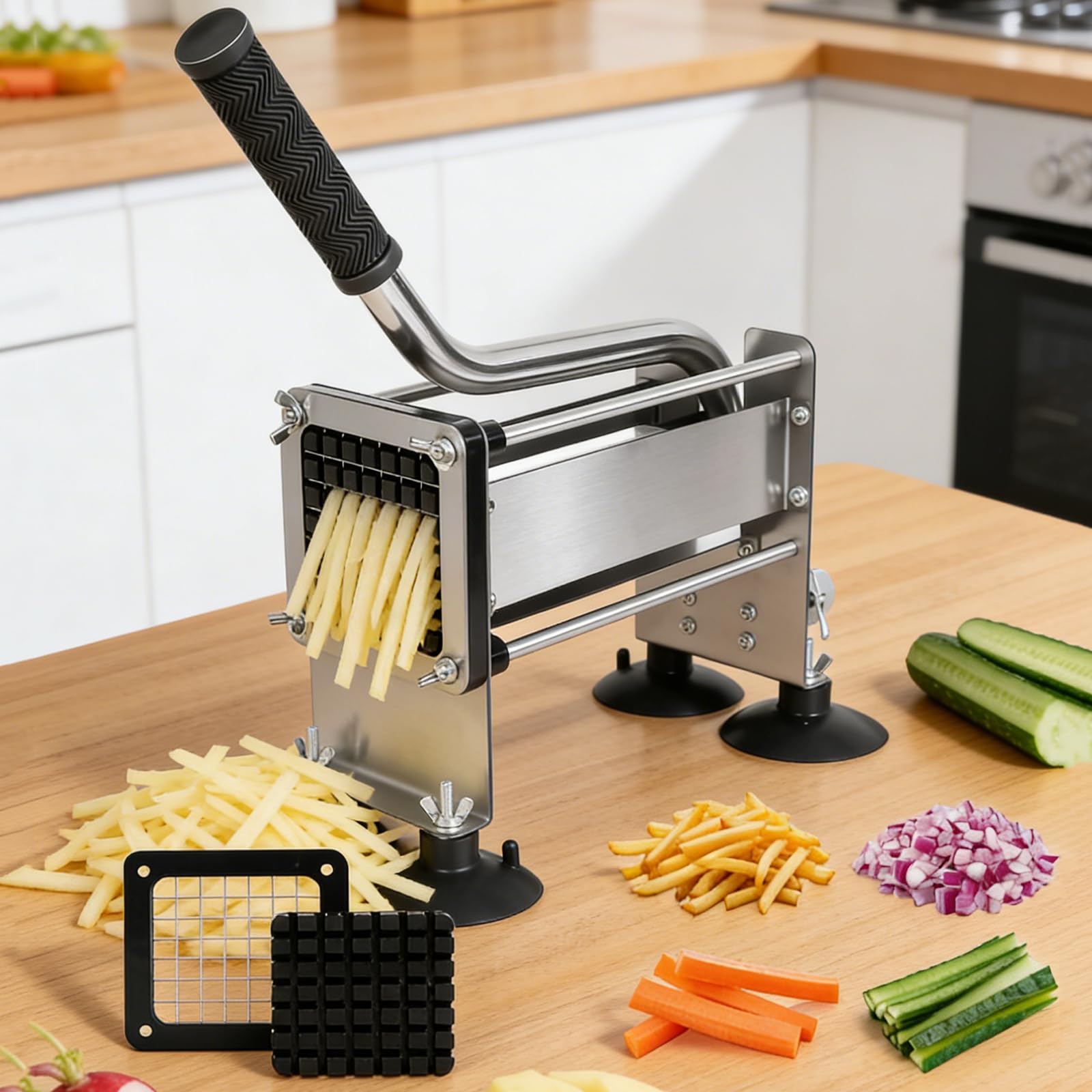 YXYLJOZ Professional French Fry Cutters - Stainless Steel Potato Chipper with Suction Base, Easy to Clean, Fast Cutting for Potatoes, Carrots, Cucumbers, Onions. (14MM)