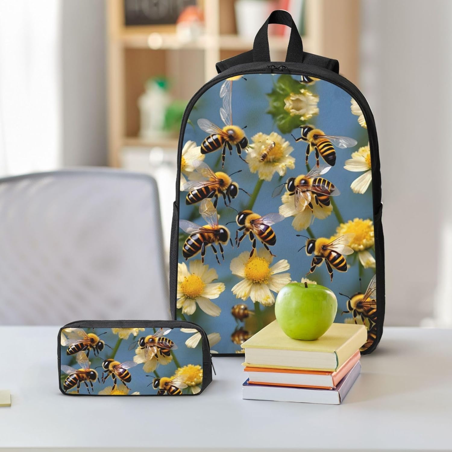 Bee flying print 3 Piece Backpack Bags with Lunch Box Pencil Case Set for Travel Work Camping Unisex