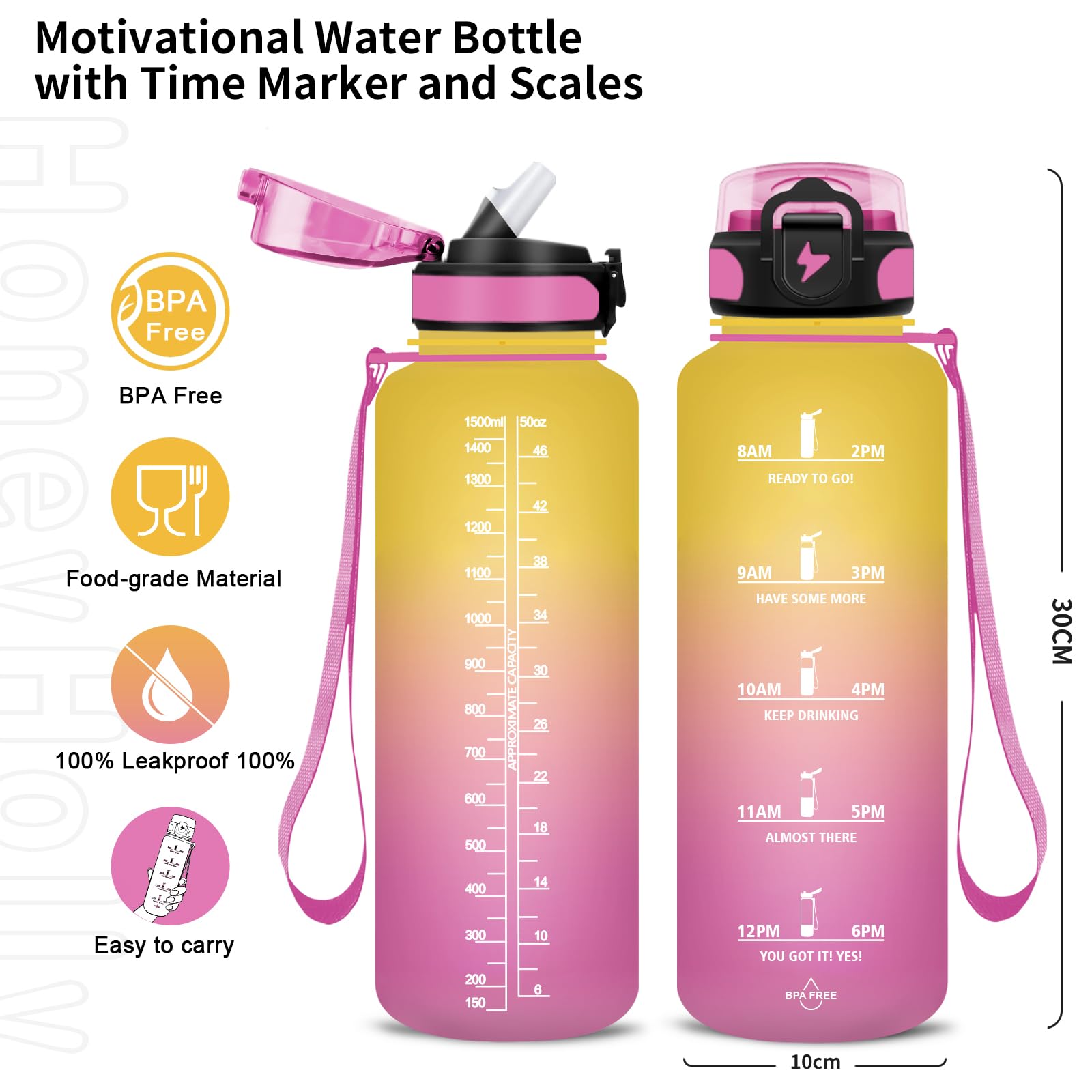 Grsta Borraccia - 1500ml - Borraccia Palestra senza BPA, Borraccia con Cannuccia, Borraccia Sportiva con Indicatore del Tempo Motivazionale, per Studio Fitness, Scuola, Ufficio - Nero Rosso