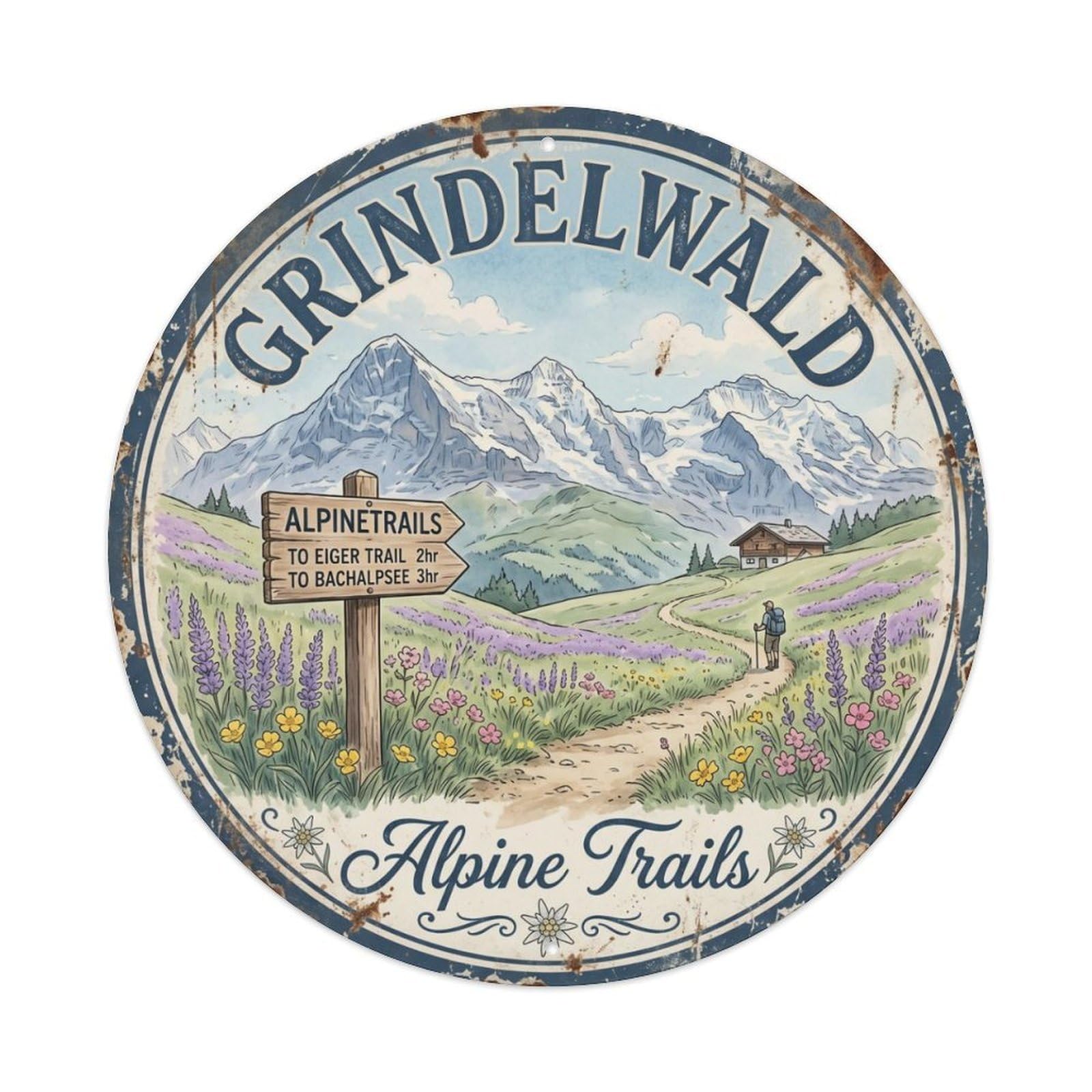Vintage Travel Grindelwald Hiking Switzerland Metal Tin Sign Plaque Wall Decor for Cafe, Club Bar, Office, Home Garden Round Metal Poster 8x8Inch