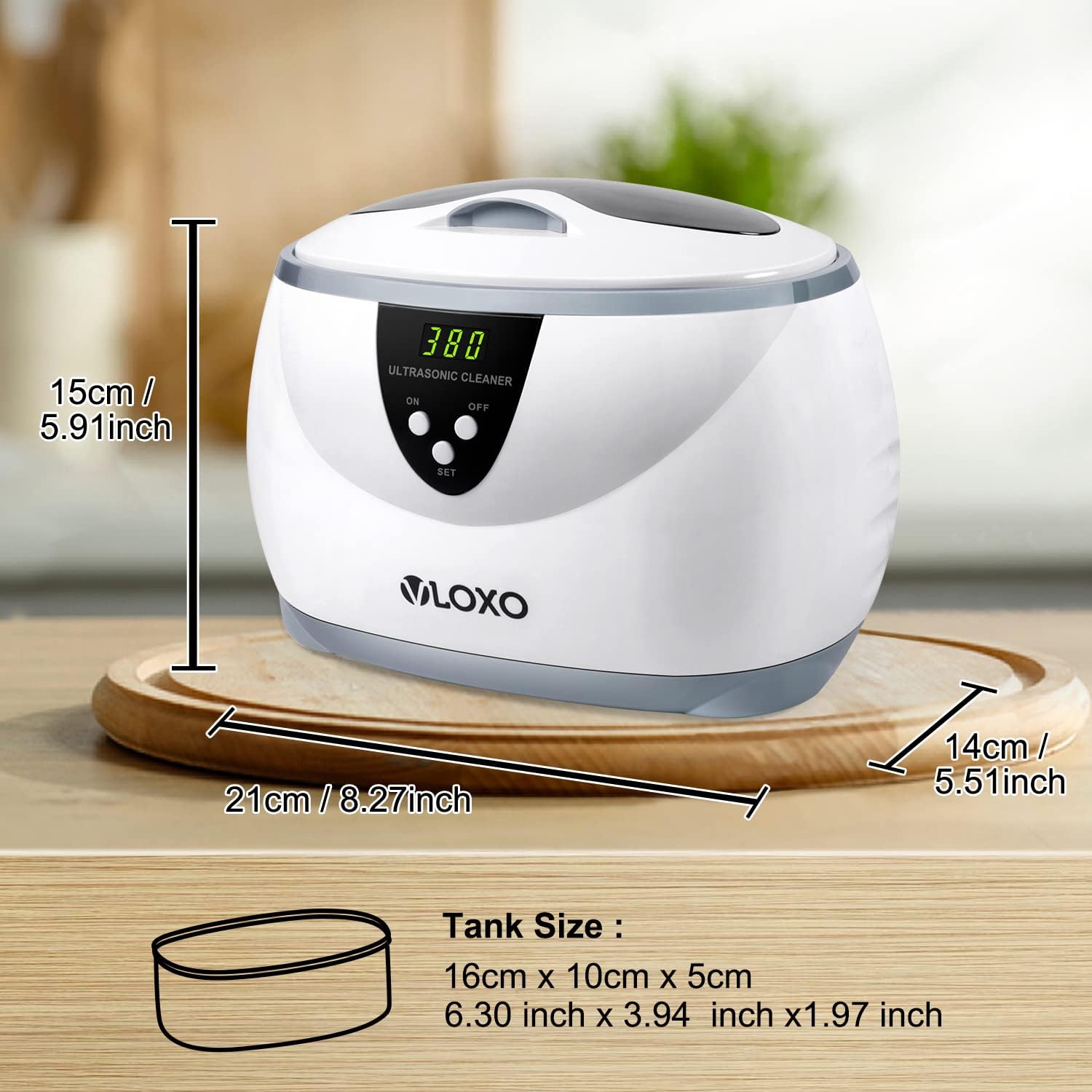 VLOXO CD-3800 Ultrasonic Cleaner with dimensions labeled