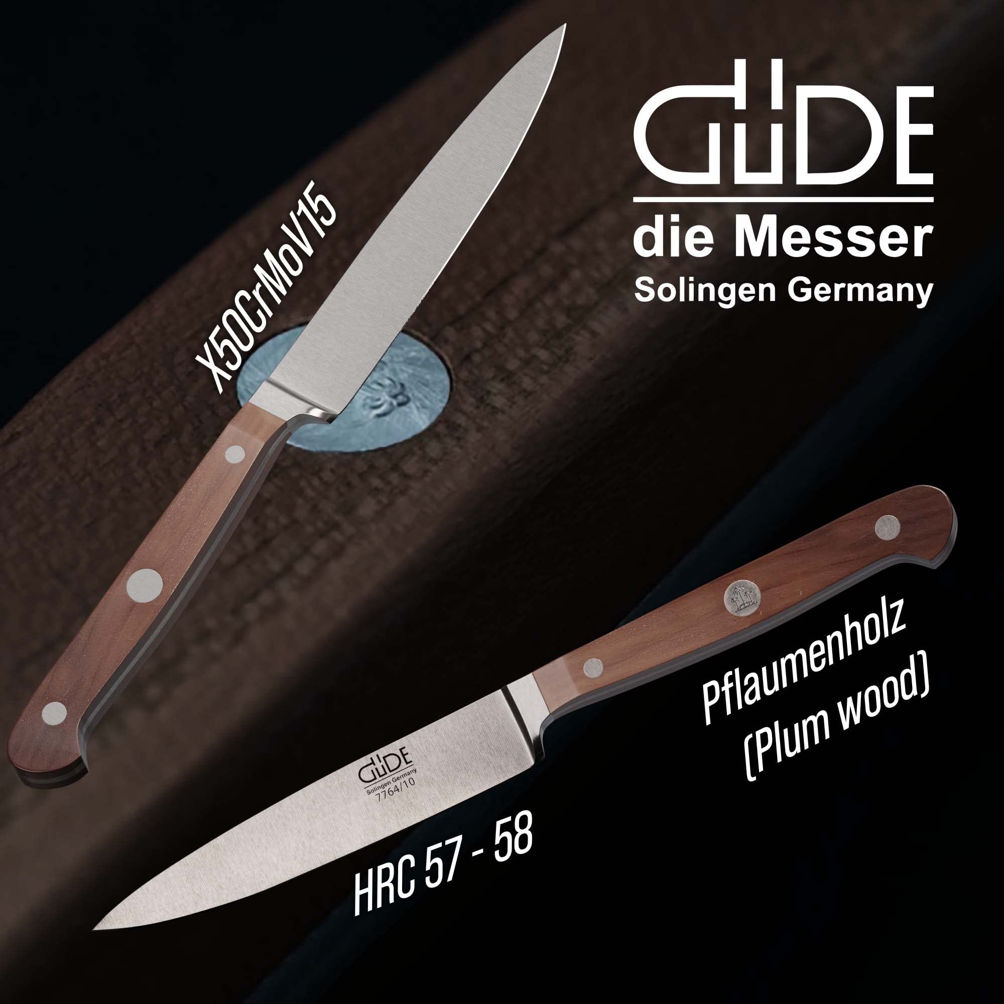 GÜDE Solingen Tradition - Spickmesser geschmiedet, 10 cm, Pflaumenholz, F.GÜDE, Office Messer, Handmade Germany, Braun