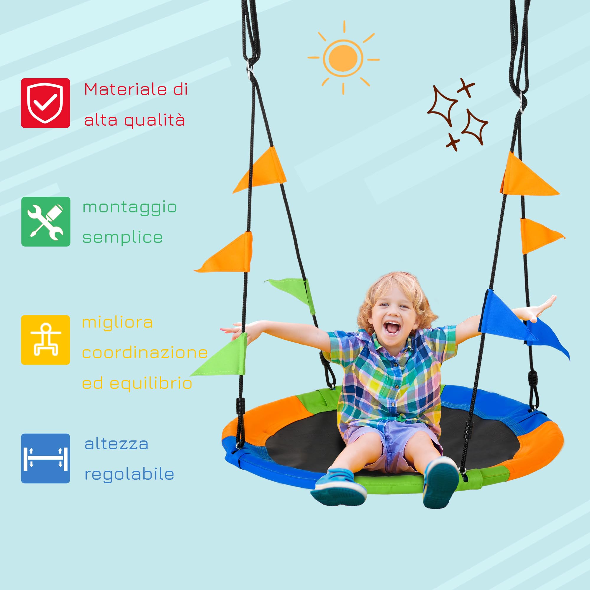 Outsunny Altalena Rotonda a Nido per Bambini 3+ Anni Φ100 cm Multicolore | Altalena da Giardino per Bambini, Regolabile 120-180 cm, per Esterni e Interni, Carico Massimo 80 kg