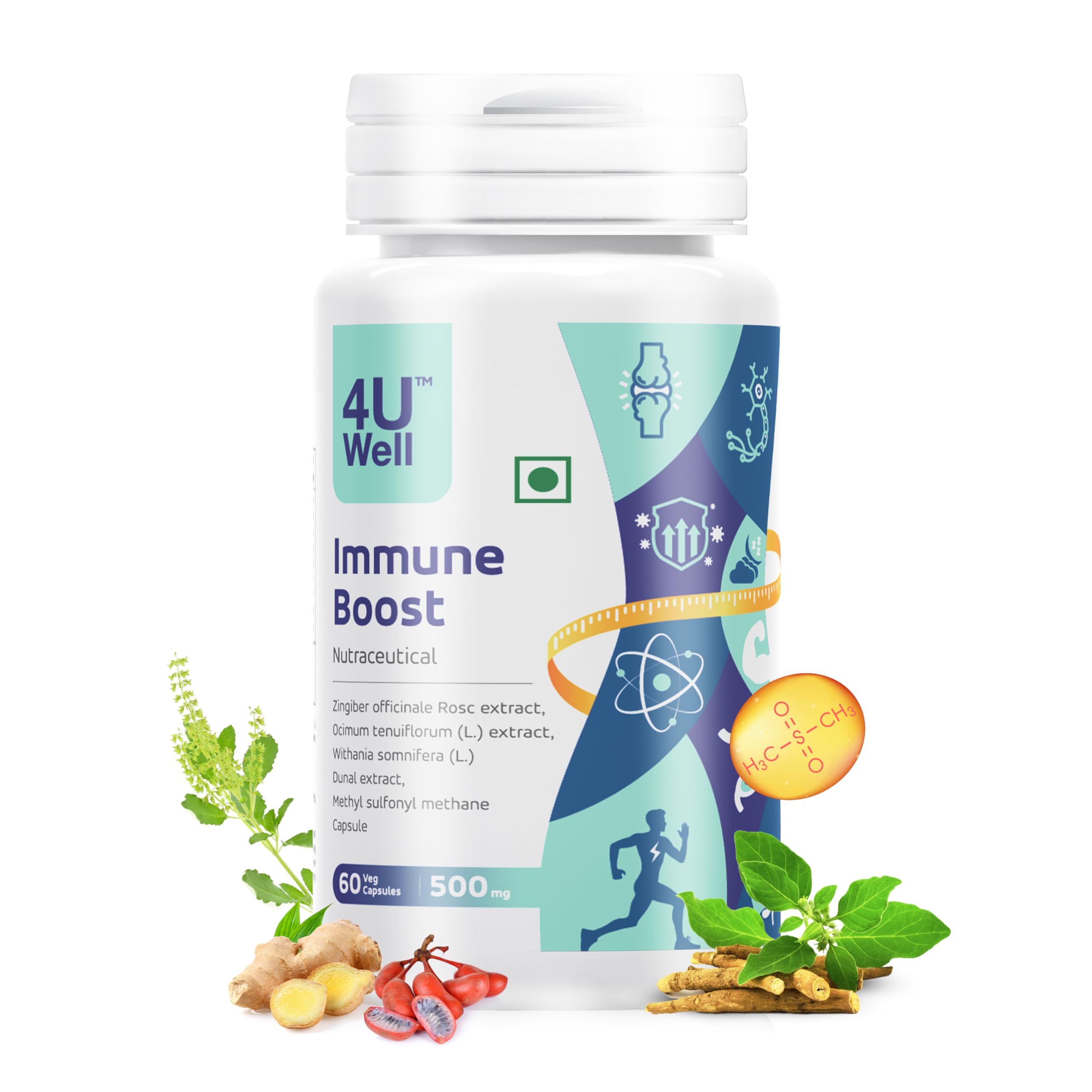4UWell Immune Boost 500mg Capsules | Ginger, Ashwagandha, Hoy Basil, MSM | Immunity, Energy, Stress Relief & Joint Support – 60 Capsules-image-7