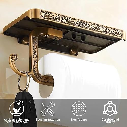 Miniatura 5 de Soporte de pared para papel higiénico, soporte de papel higiénico retro con estante para teléfono, soporte de rollo de papel de aluminio con gancho