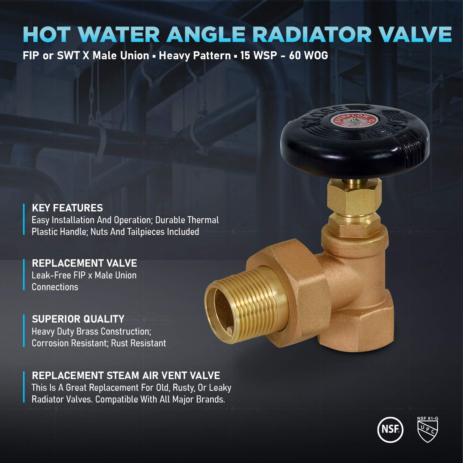 Midline Valve IXW-U034 Vanne de radiateur à vapeur d'eau chaude ultra résistante Contrôle de la température de la grille d'aération 1,9 cm Raccord mâle FIP x Laiton