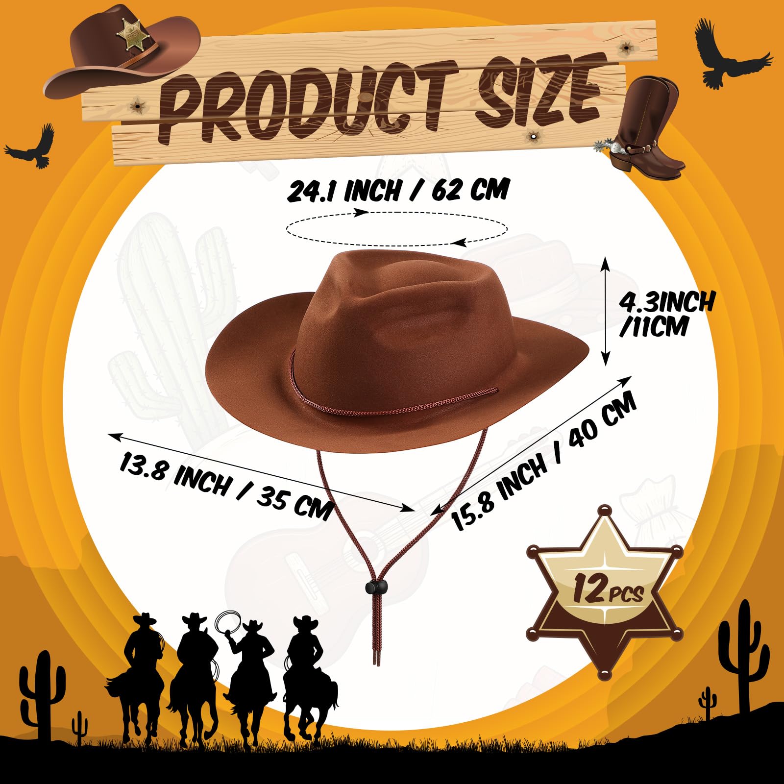 Hicarer 12 Pieces Plastic Western Cowboy Hat Set Disposable Felt Wide Brimmed Felt Cowgirl Party Hat for Men Women Party(Brown)