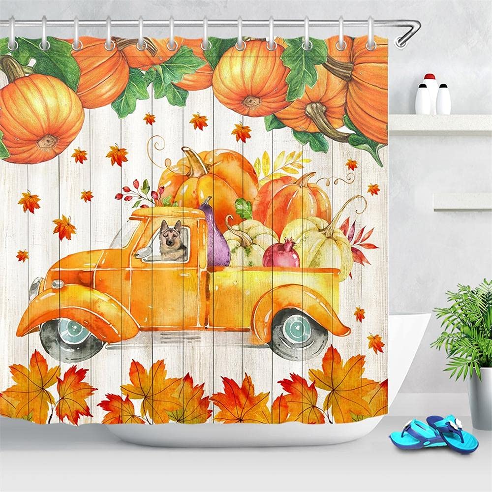 Retro LKW Auto Herbst Ernte Kürbis Duschvorhang Wasserdicht Rustikal Holz Gedruckt Badezimmer Vorhänge Bildschirm Dekoration (B) 200×(H) 200CM