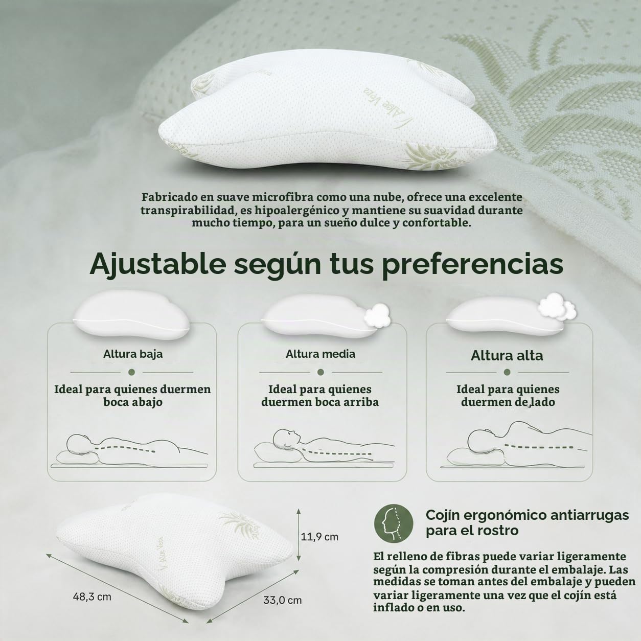 BCS Home&Sleep Cojín Antiarrugas Para Mujeres Y Hombres, Almohada De Belleza Con Funda De Aloe Vera, 55 X 35 Cm, Blanco | Almohada antiedad para mujeres y hombres, para mujeres y hombres, almohada de belleza con funda de aloe vera