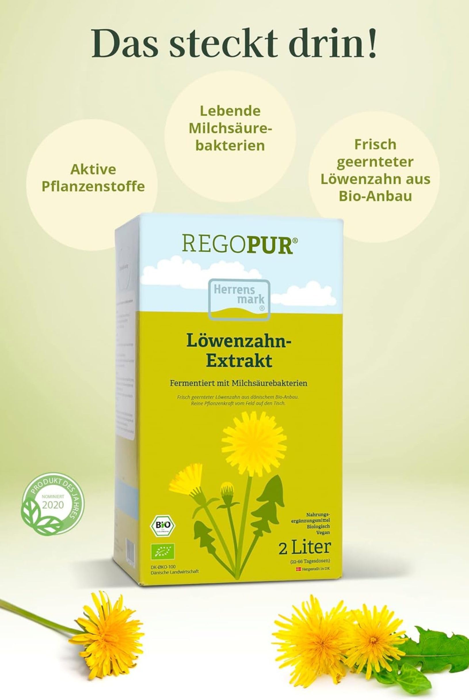 REGOPUR Bio Löwenzahn-Extrakt, 1 Liter I 100% vegan, fermentiert & ohne Zusätze I tägl. Nahrungsergänzung oder 3-Monatskur