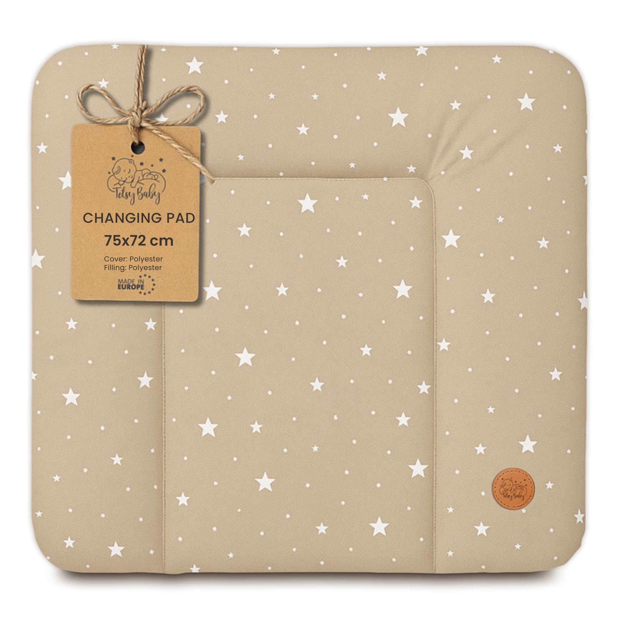 Changing pad wipeable and Waterproof 75x72 cm - Changing mat to Place on Changing Table, Changing top, Changing Dresser, or Washing Machine, Changing mat 75 x 72 Beige with White Stars