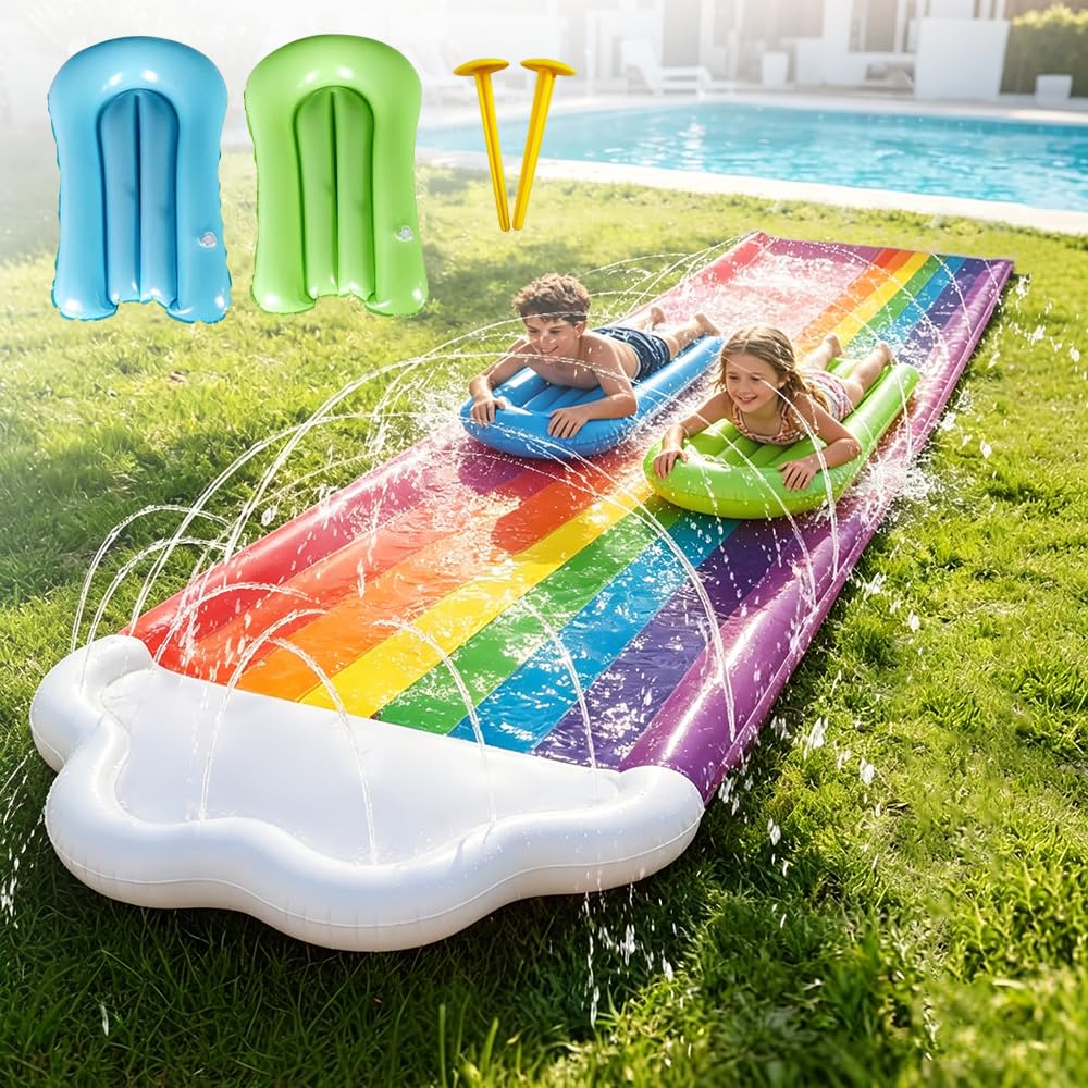 Hojalis Water Slide Mat 15.7ft/480cm, Slip Slide and 2 Bodyboards &Sprinkler, Lawn Water Slides Slip