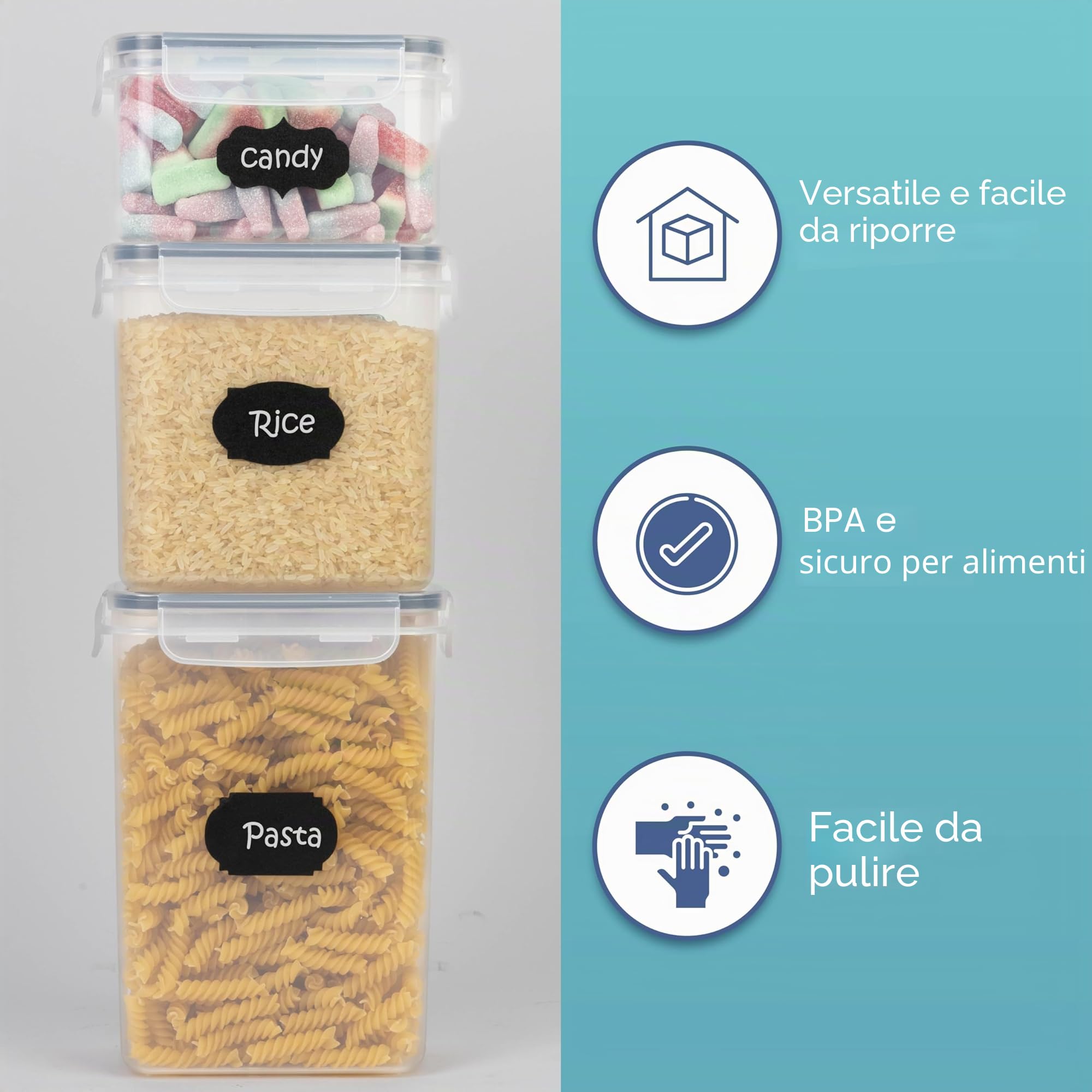 HEFTMAN Barattoli Cucina Set di 24 - Contenitori per Alimenti in Plastica Trasparente, BPA-Free, con Etichette e Penna, Contenitori Pasta, Varie Misure, Sistema di Chiusura a 4 Lati, Lavabili | Contenitori da cucina in plastica, trasparenti, senza BPA, pe